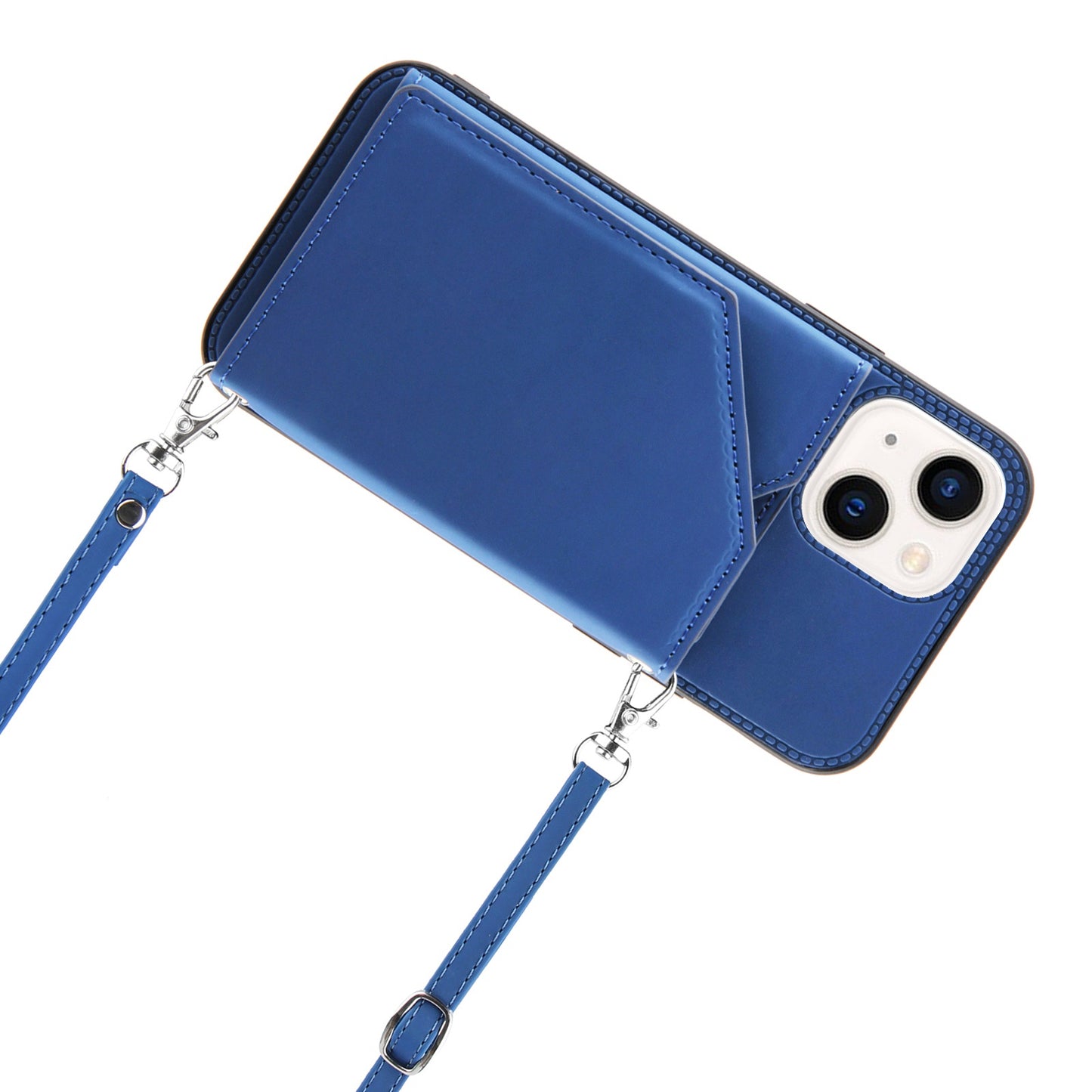 YB-1 Series for iPhone 15 Card Holder Back Case Leather+TPU Kickstand Cover with Shoulder Strap - Sapphire