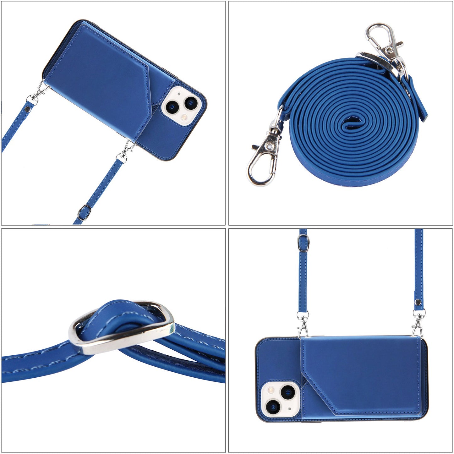 YB-1 Series for iPhone 15 Card Holder Back Case Leather+TPU Kickstand Cover with Shoulder Strap - Sapphire