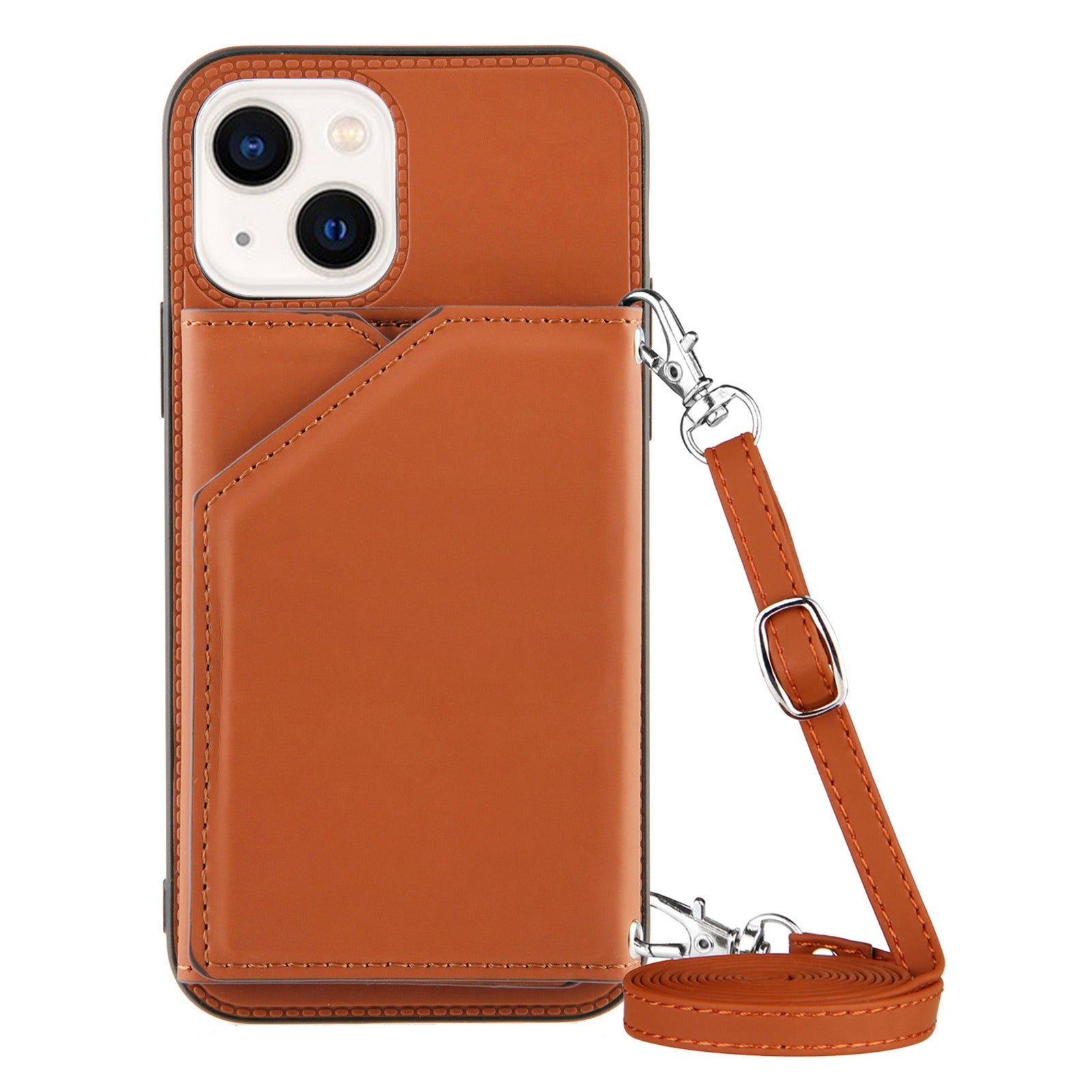 YB-1 Series for iPhone 15 Card Holder Back Case Leather+TPU Kickstand Cover with Shoulder Strap - Brown