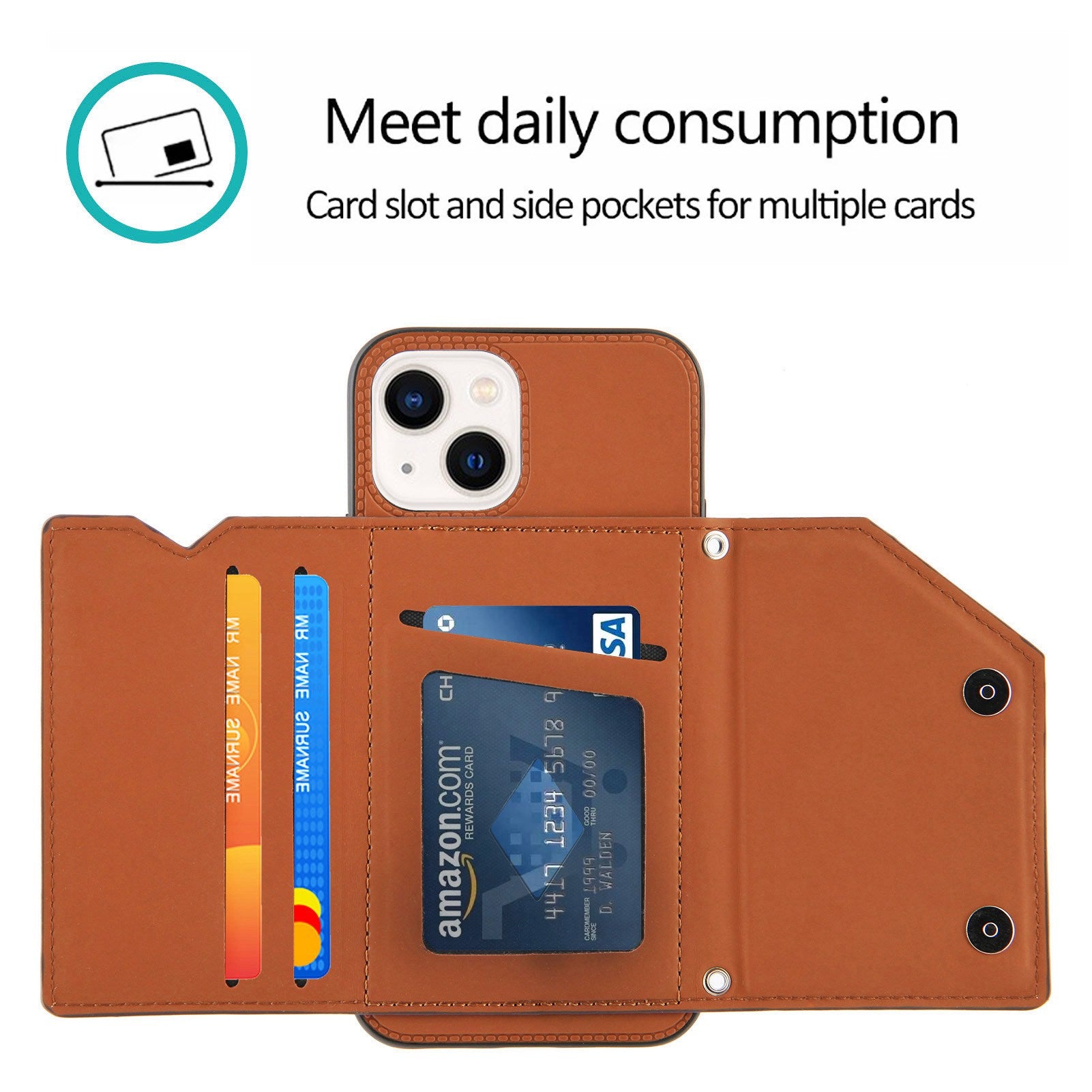 YB-1 Series for iPhone 15 Card Holder Back Case Leather+TPU Kickstand Cover with Shoulder Strap - Brown