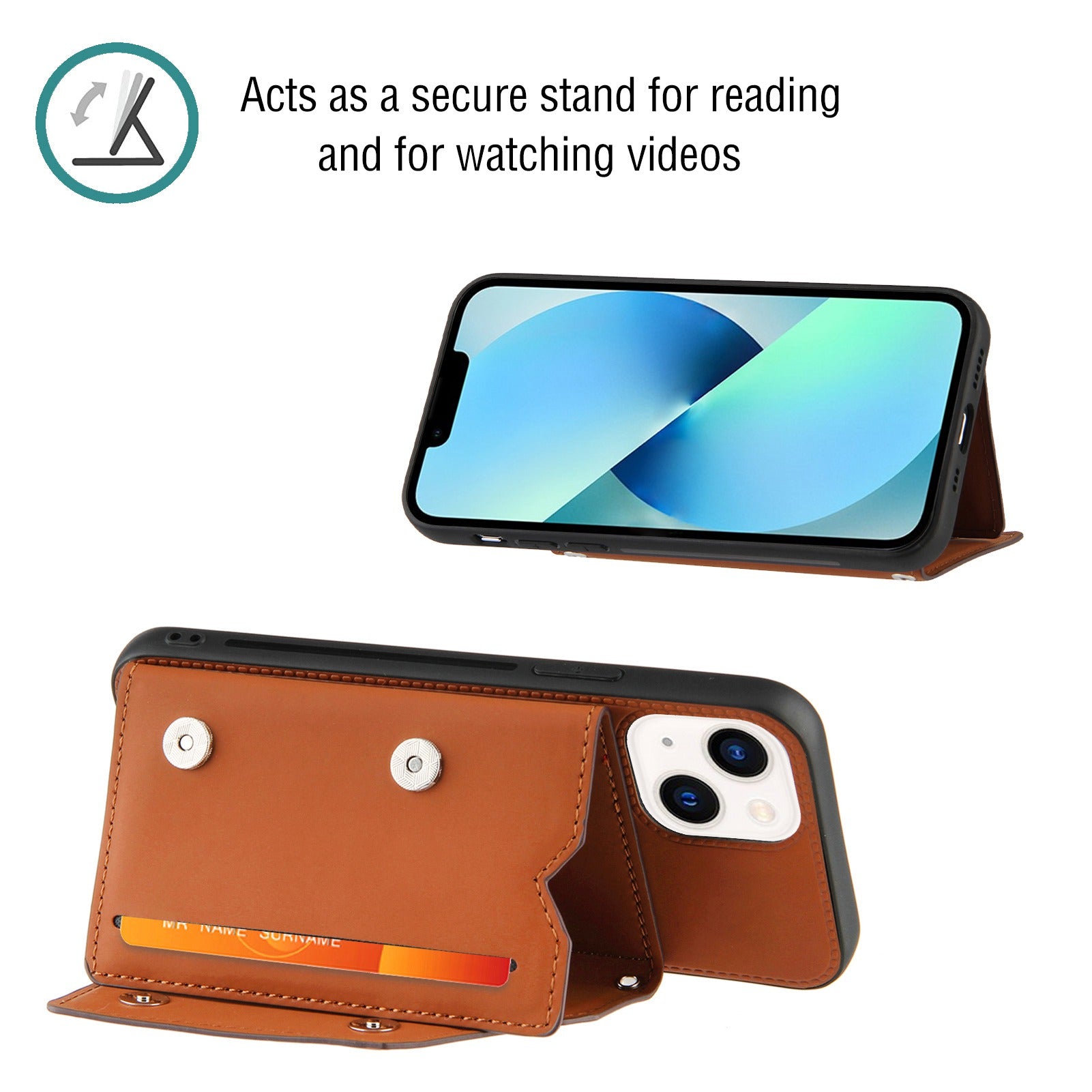 YB-1 Series for iPhone 15 Card Holder Back Case Leather+TPU Kickstand Cover with Shoulder Strap - Brown