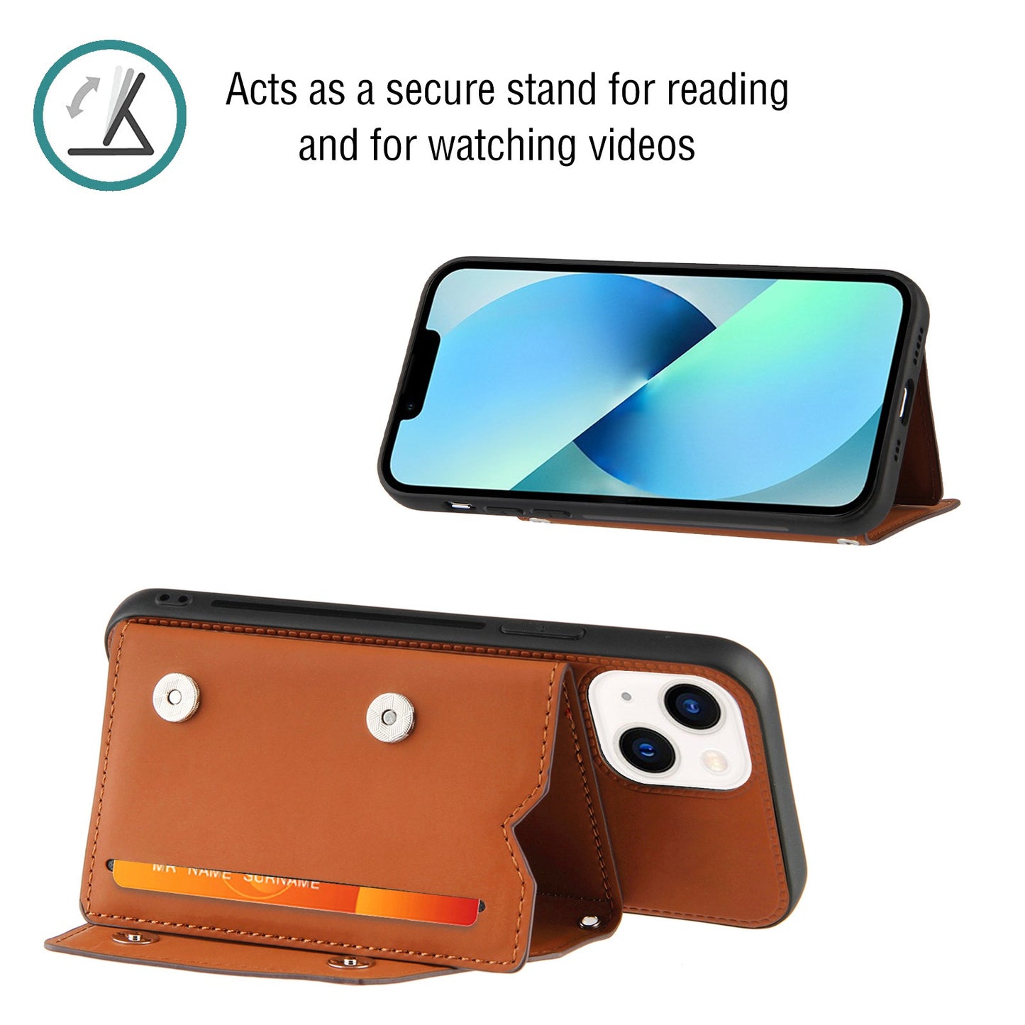 YB-1 Series for iPhone 15 Card Holder Back Case Leather+TPU Kickstand Cover with Shoulder Strap - Brown