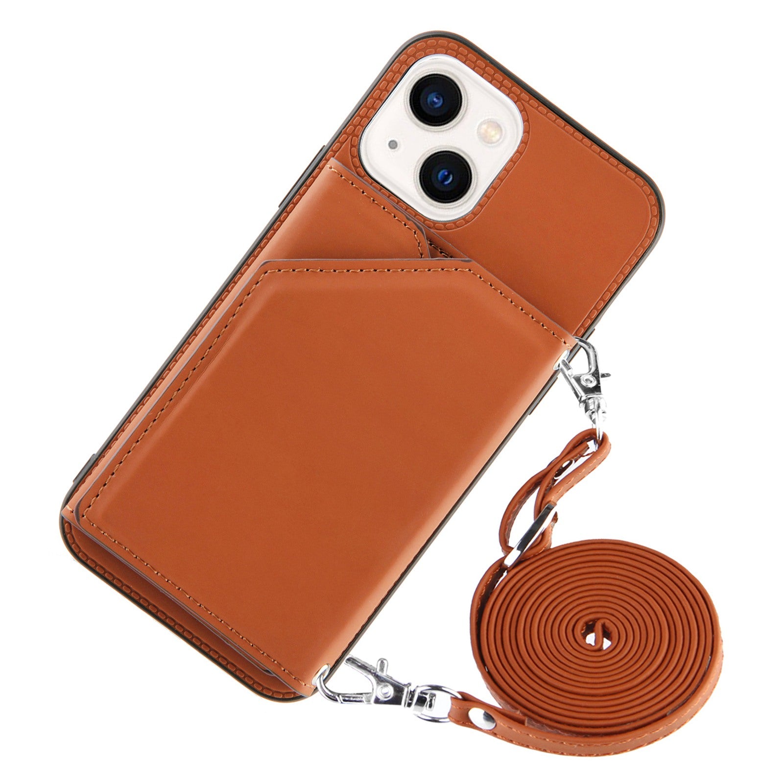 YB-1 Series for iPhone 15 Card Holder Back Case Leather+TPU Kickstand Cover with Shoulder Strap - Brown