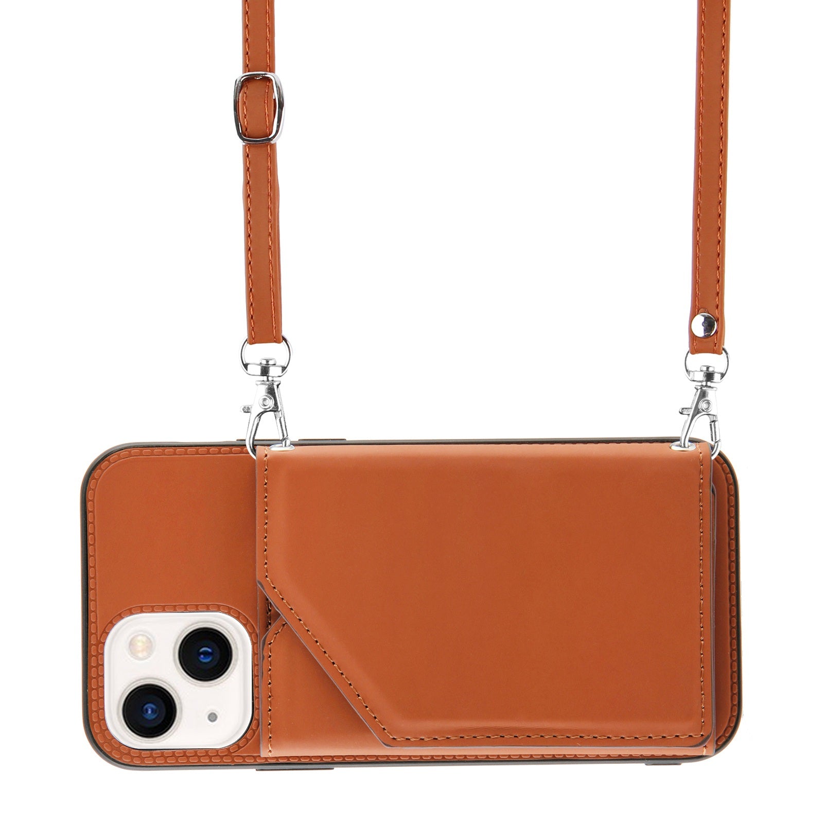 YB-1 Series for iPhone 15 Card Holder Back Case Leather+TPU Kickstand Cover with Shoulder Strap - Brown