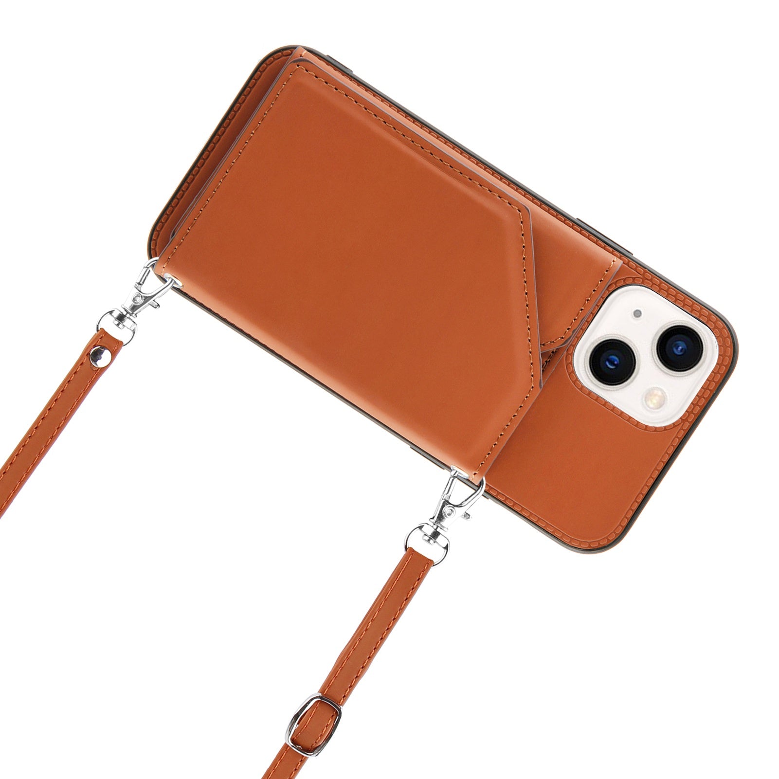 YB-1 Series for iPhone 15 Card Holder Back Case Leather+TPU Kickstand Cover with Shoulder Strap - Brown