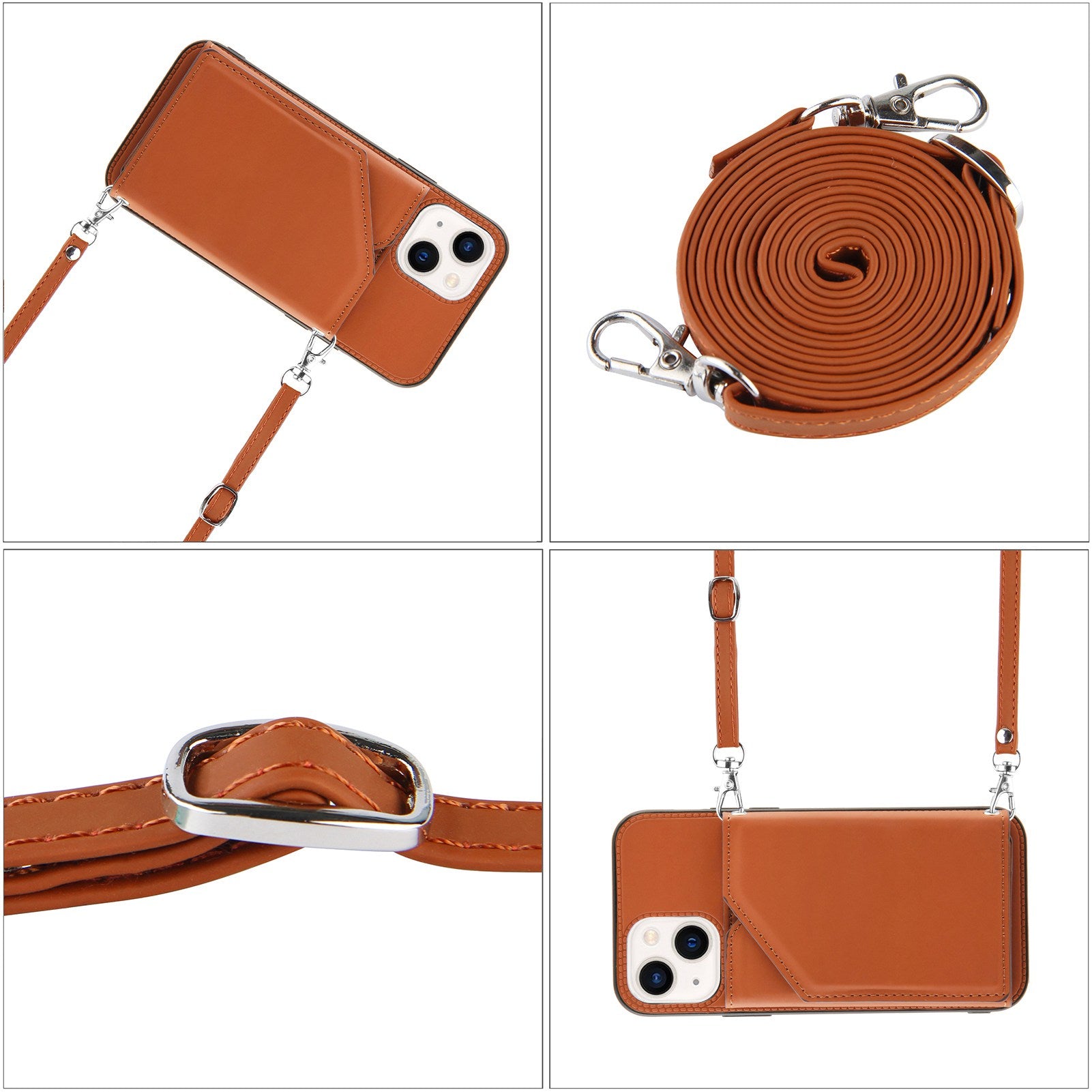 YB-1 Series for iPhone 15 Card Holder Back Case Leather+TPU Kickstand Cover with Shoulder Strap - Brown
