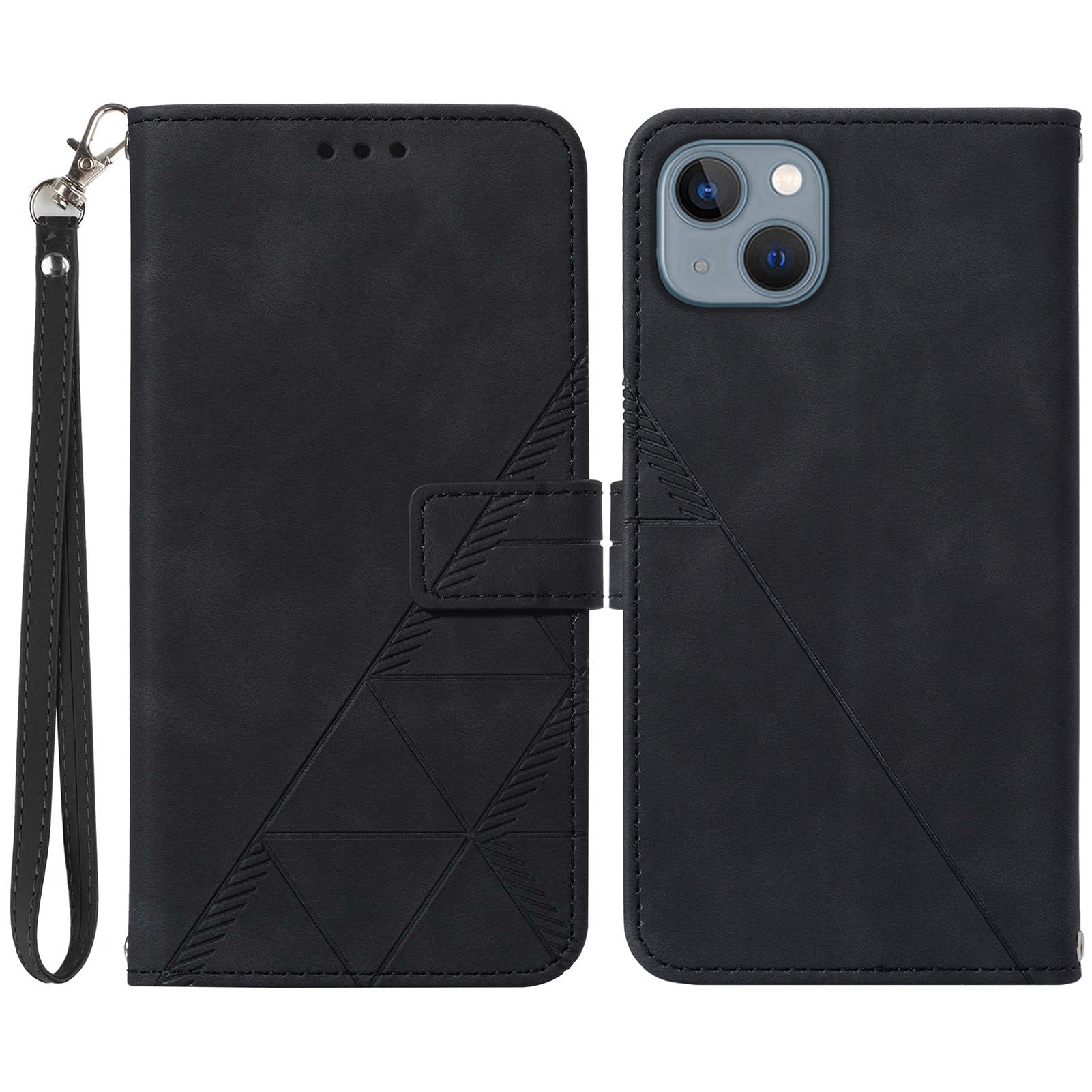 YB Imprinting Series-1 for iPhone 15 Plus Leather Wallet Stand Phone Case Imprinted Shell with Hand Strap - Black