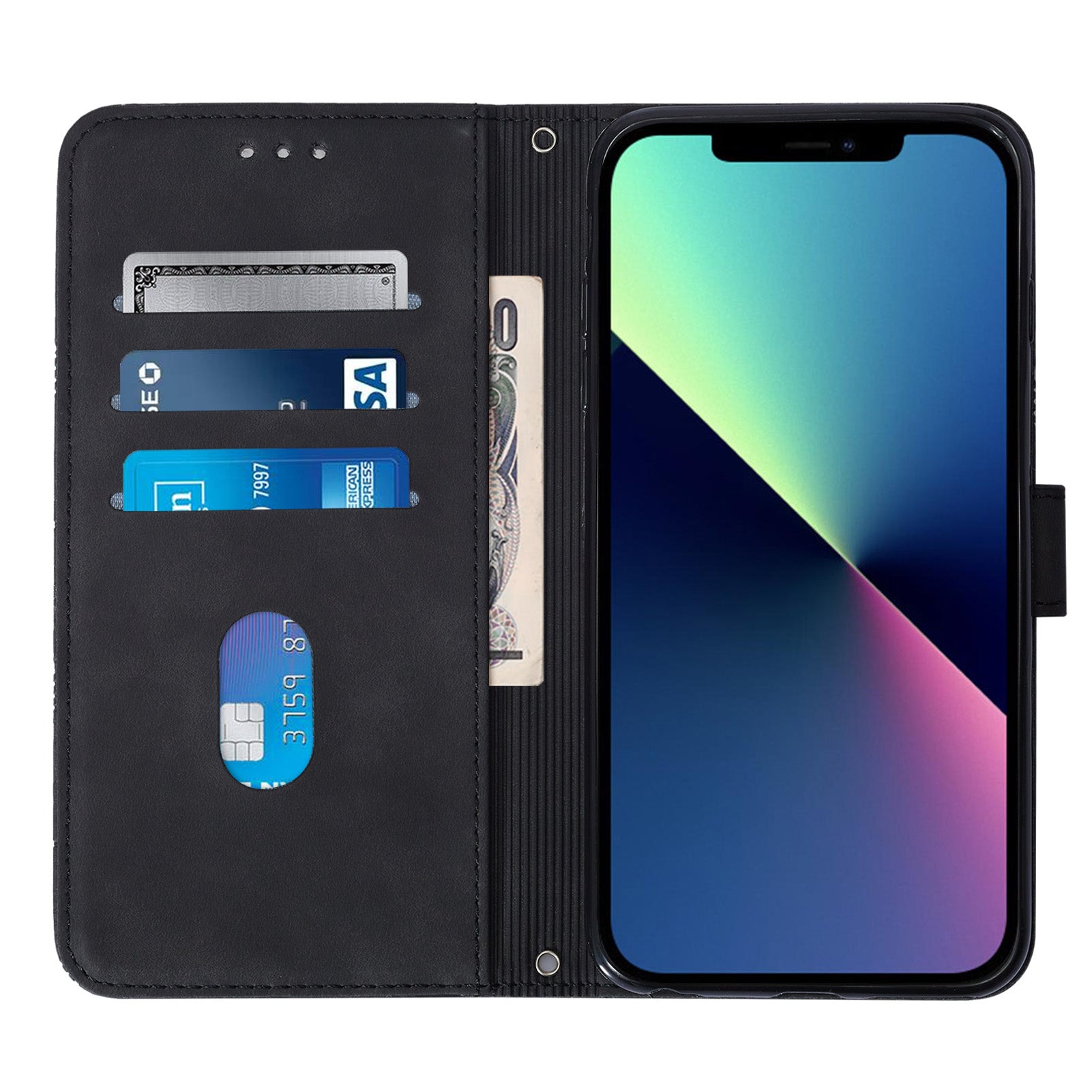 YB Imprinting Series-1 for iPhone 15 Plus Leather Wallet Stand Phone Case Imprinted Shell with Hand Strap - Black