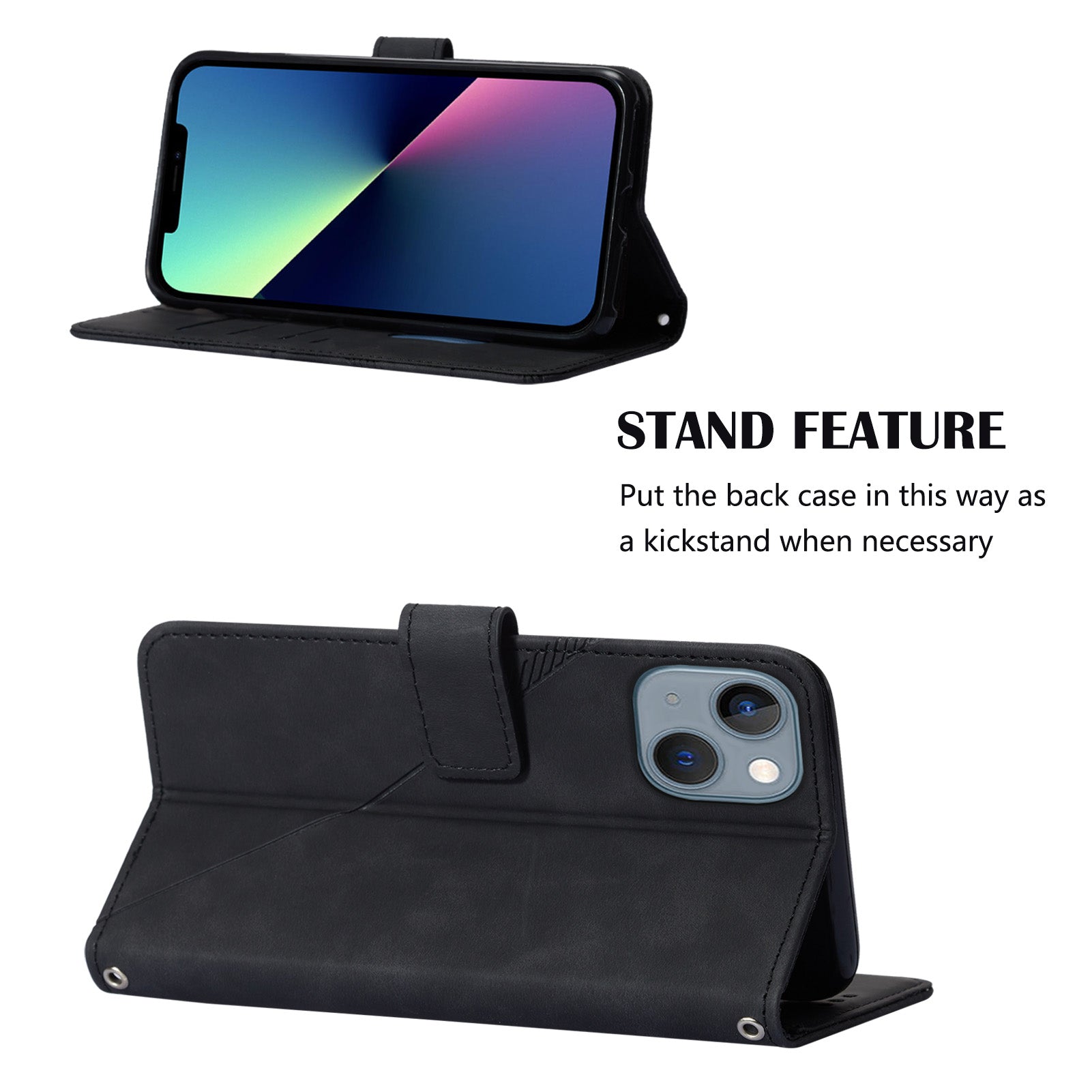 YB Imprinting Series-1 for iPhone 15 Plus Leather Wallet Stand Phone Case Imprinted Shell with Hand Strap - Black