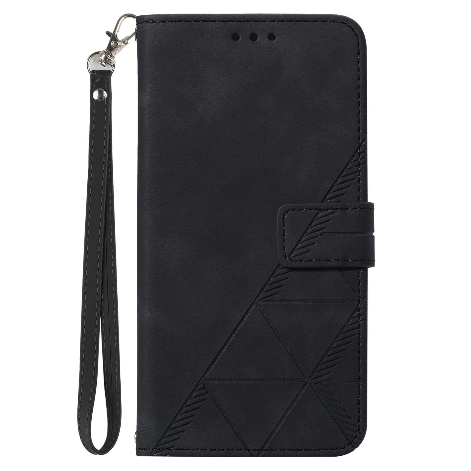 YB Imprinting Series-1 for iPhone 15 Plus Leather Wallet Stand Phone Case Imprinted Shell with Hand Strap - Black