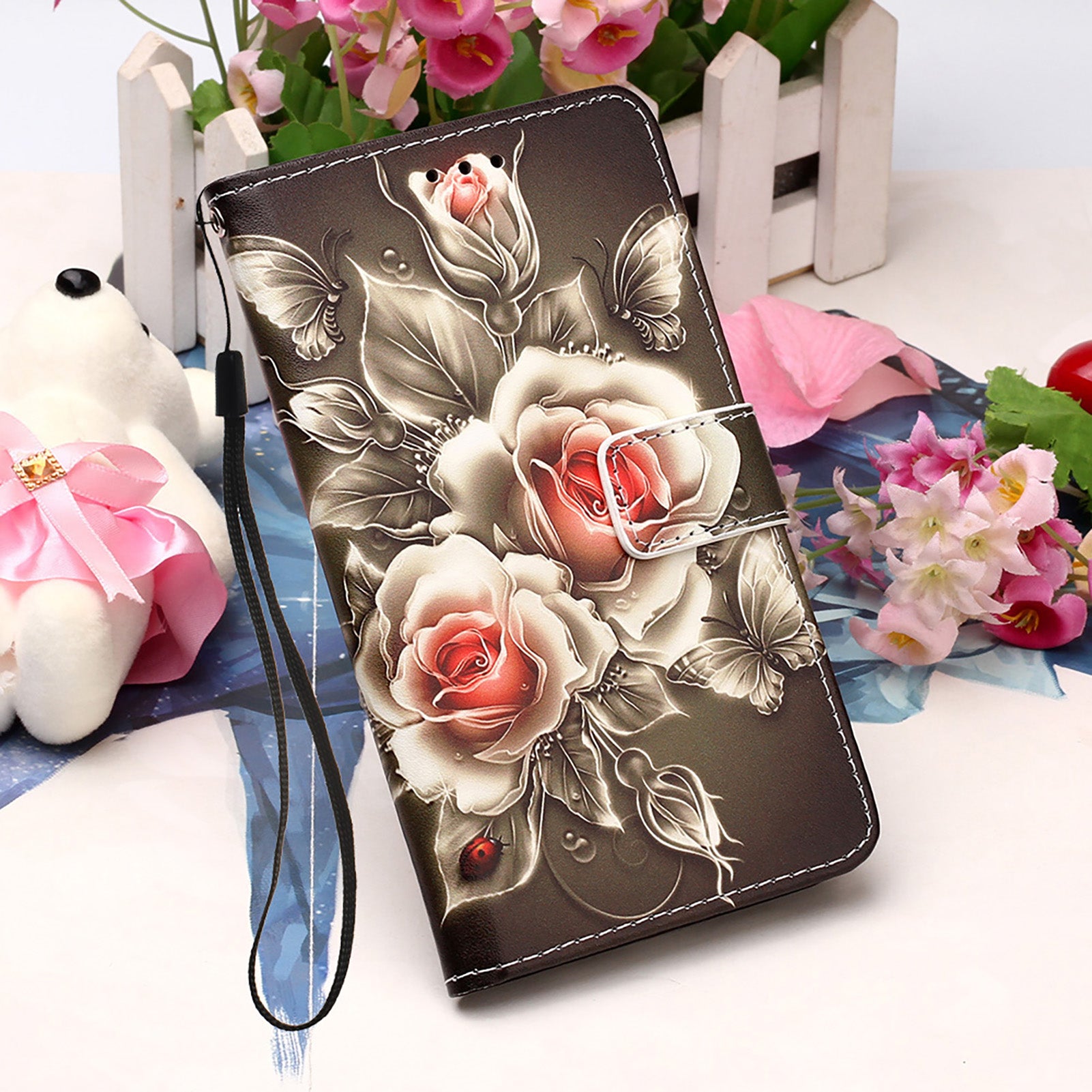 YB Pattern Printing Leather Series-4 for iPhone 15 Plus Stand Flip Cover PU Leather Wallet Phone Case - Rose