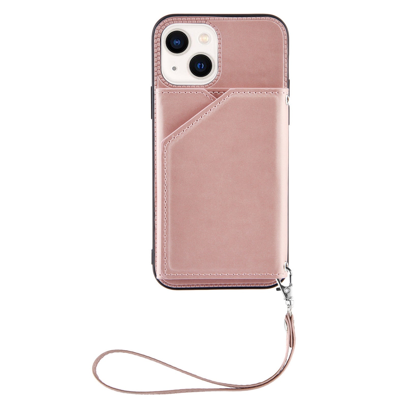 YB Leather Coating Series-2 for iPhone 15 Plus Kickstand Phone Case Leather+TPU Card Holder Cover with Strap - Rose Gold