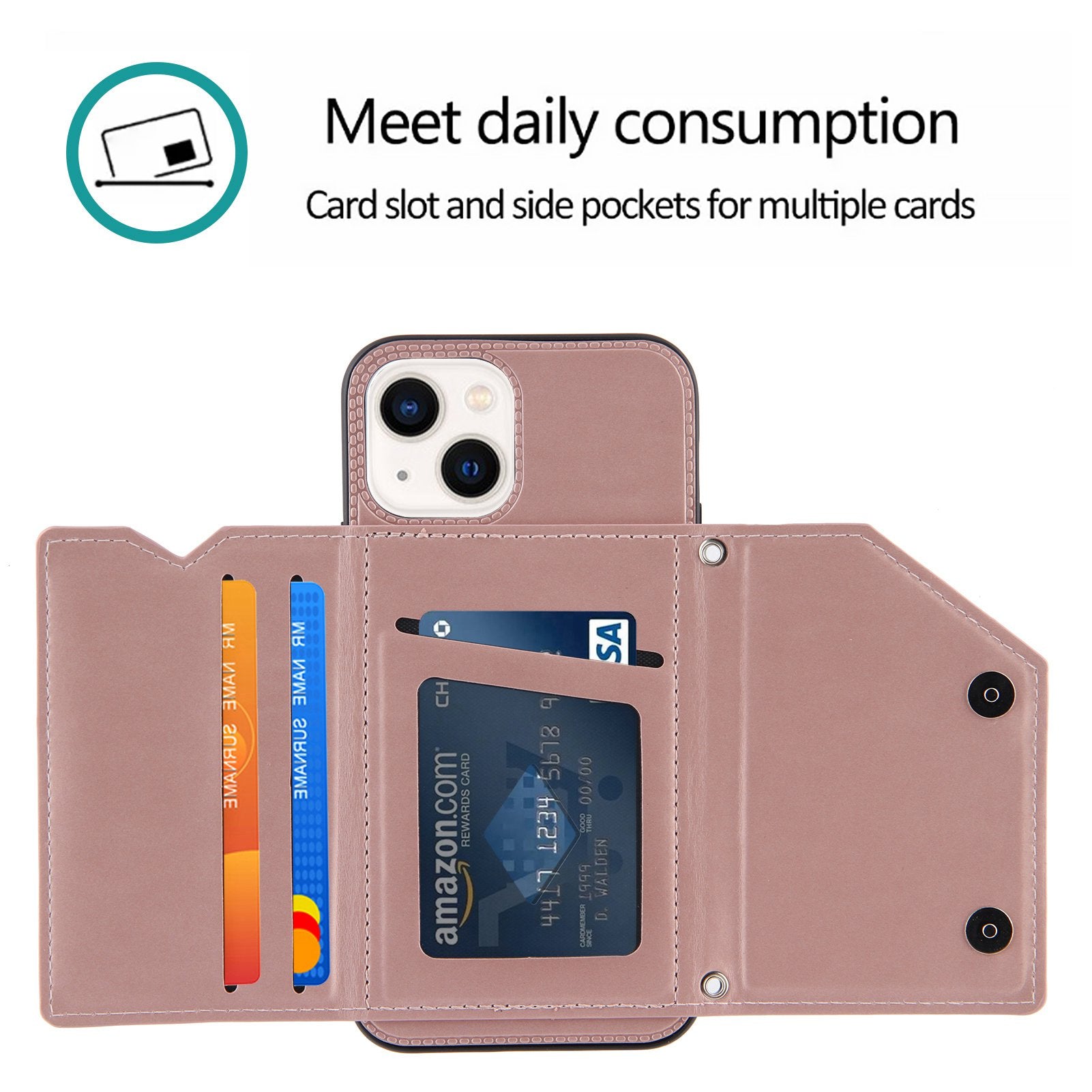 YB Leather Coating Series-2 for iPhone 15 Plus Kickstand Phone Case Leather+TPU Card Holder Cover with Strap - Rose Gold