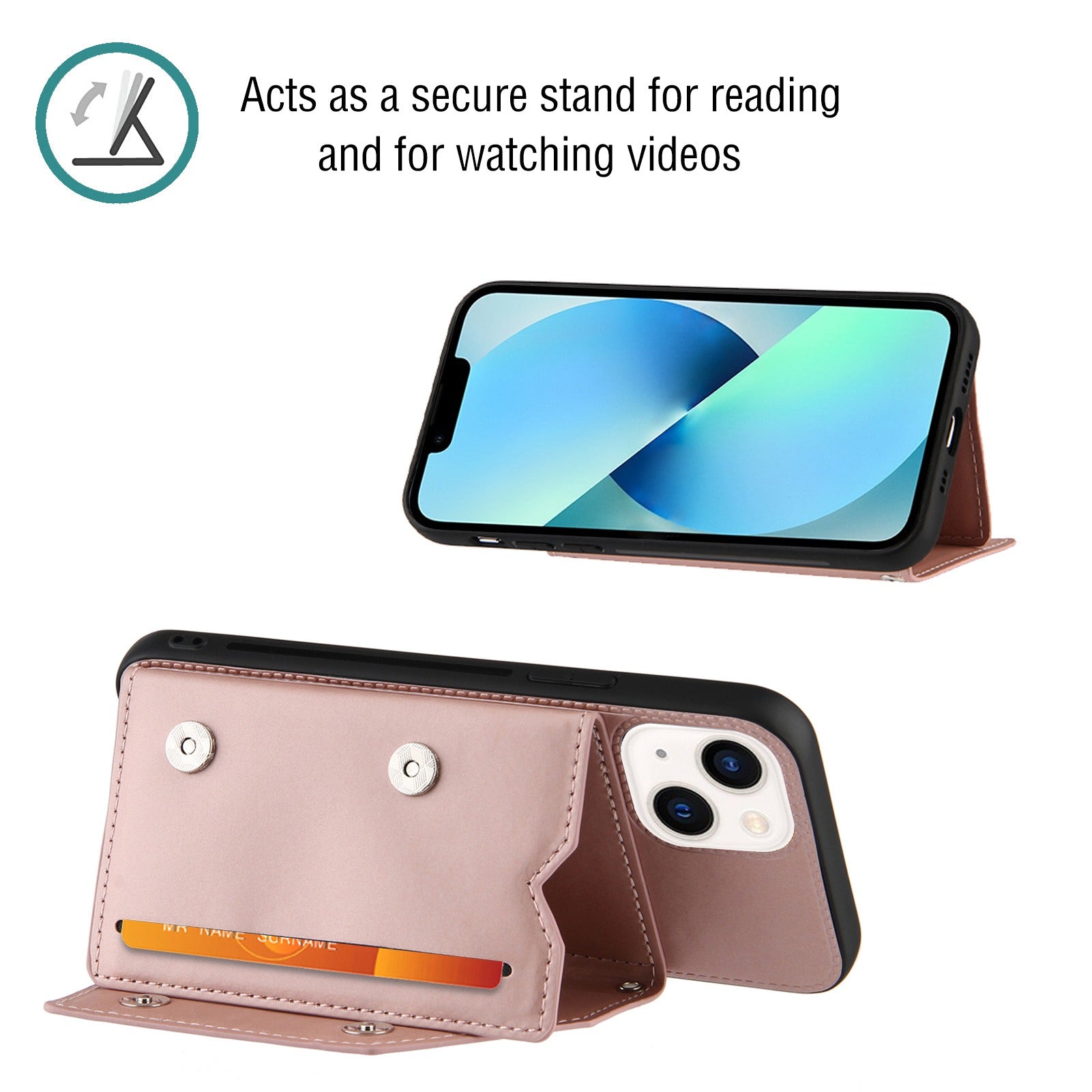 YB Leather Coating Series-2 for iPhone 15 Plus Kickstand Phone Case Leather+TPU Card Holder Cover with Strap - Rose Gold