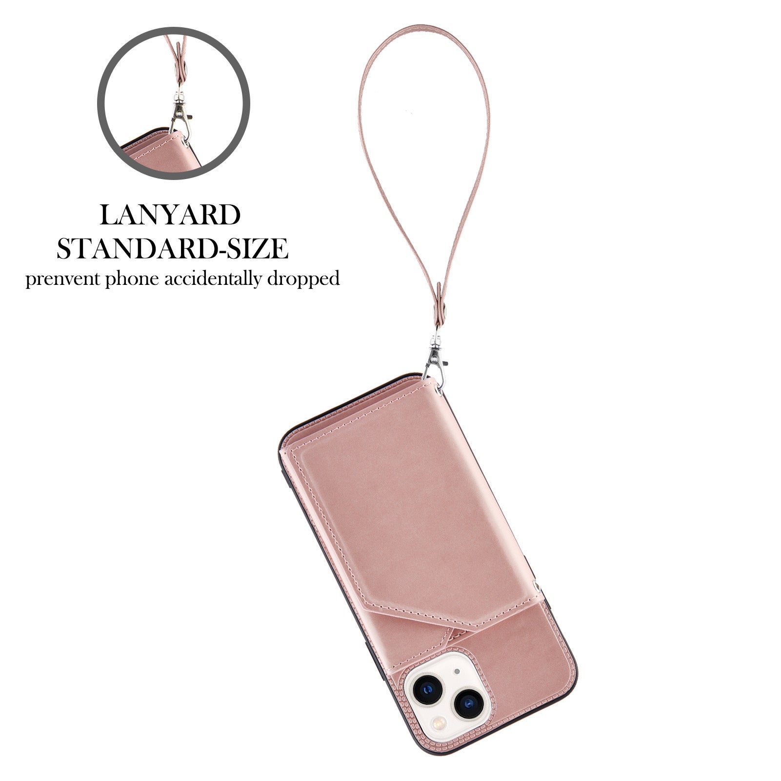 YB Leather Coating Series-2 for iPhone 15 Plus Kickstand Phone Case Leather+TPU Card Holder Cover with Strap - Rose Gold