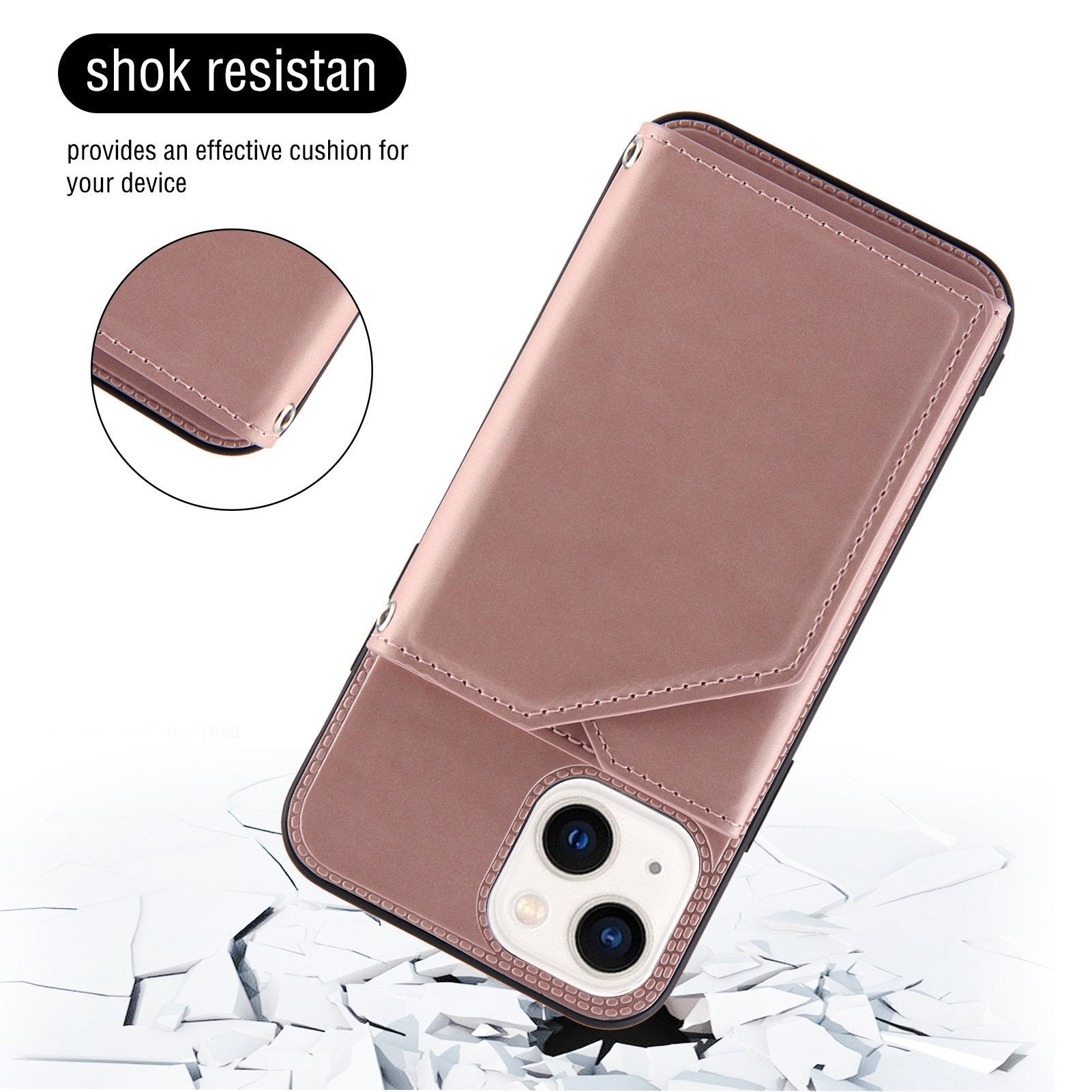 YB Leather Coating Series-2 for iPhone 15 Plus Kickstand Phone Case Leather+TPU Card Holder Cover with Strap - Rose Gold