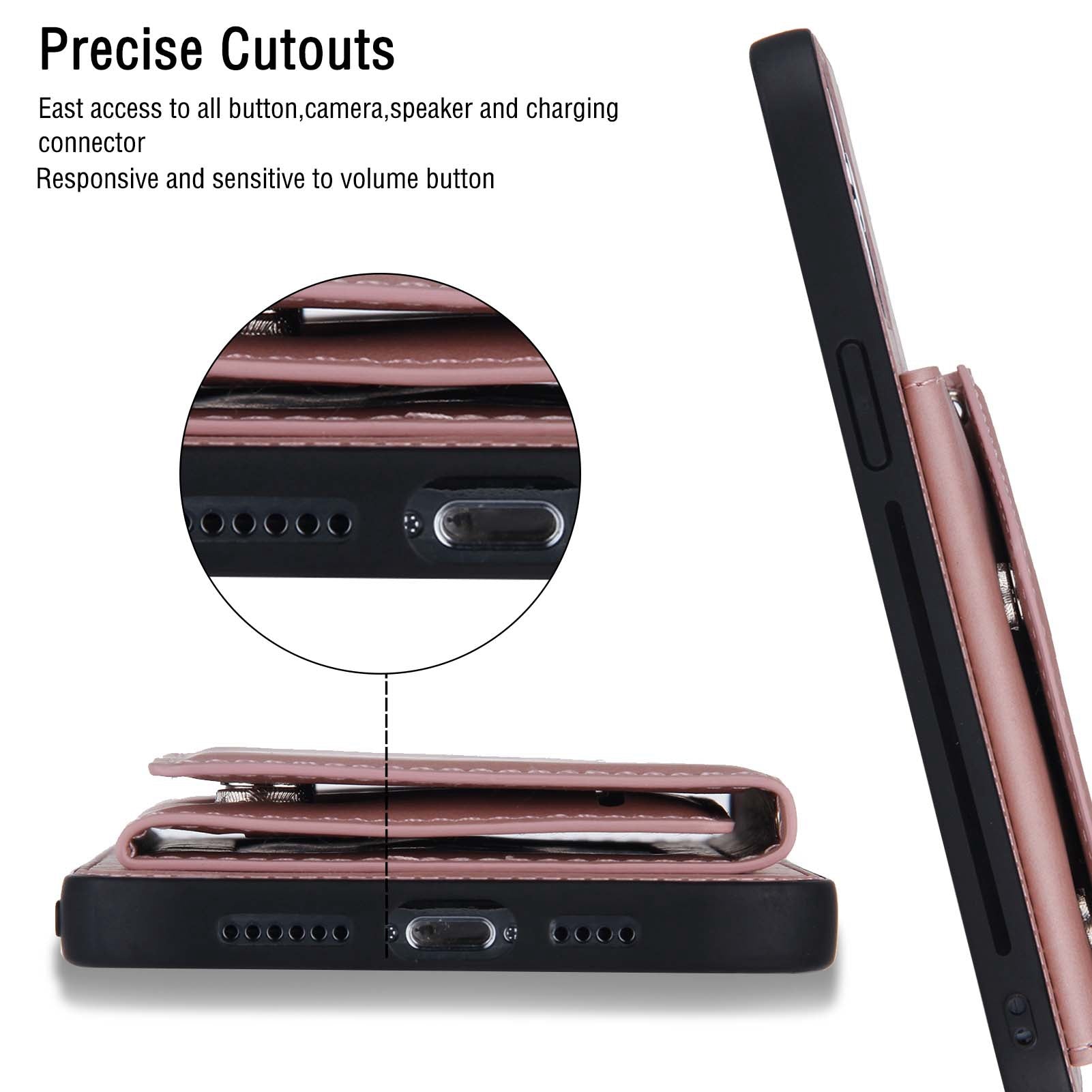 YB Leather Coating Series-2 for iPhone 15 Plus Kickstand Phone Case Leather+TPU Card Holder Cover with Strap - Rose Gold