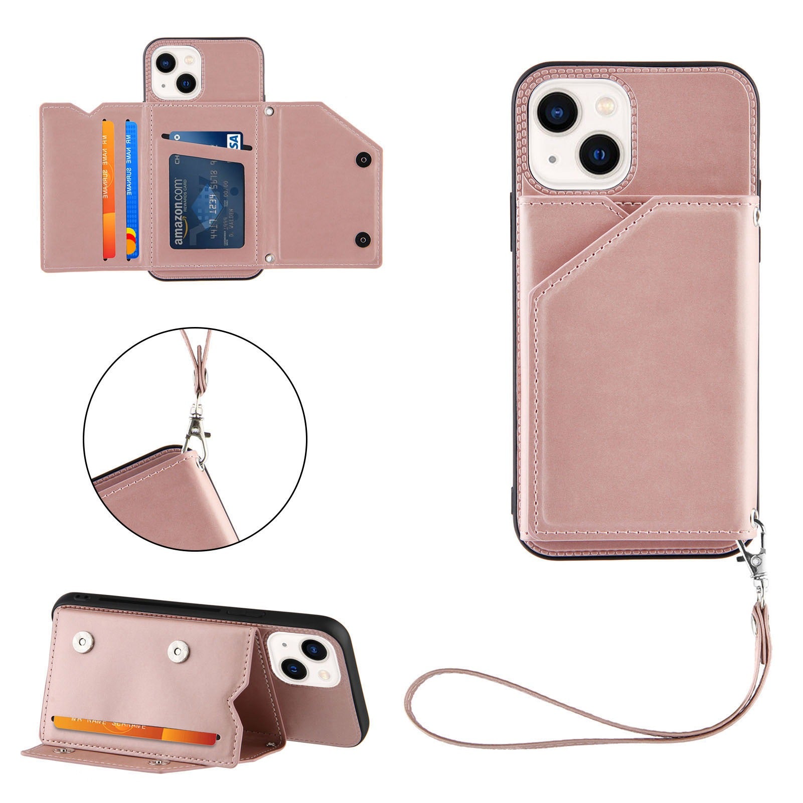 YB Leather Coating Series-2 for iPhone 15 Plus Kickstand Phone Case Leather+TPU Card Holder Cover with Strap - Rose Gold