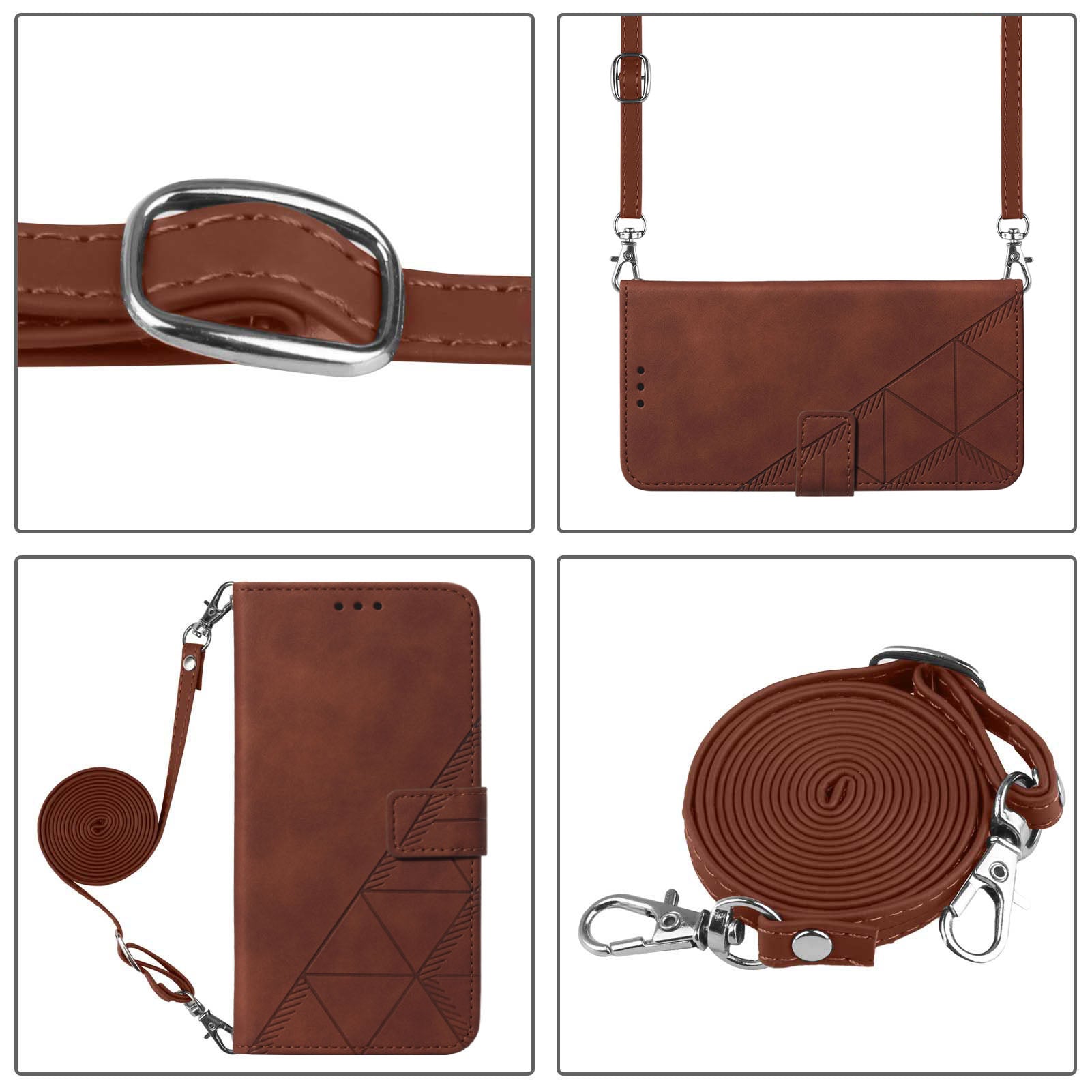 YB Imprinting Series-2 for iPhone 15 Plus Imprinted Leather Wallet Phone Case Flip Stand Cover with Shoulder Strap - Brown