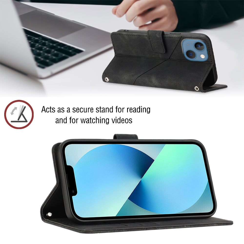 PT005 YB Imprinting Series-6 For iPhone 15 Plus Cell Phone Case Skin-Touch PU Leather Stand Wallet Anti-Scratch Cover - Black