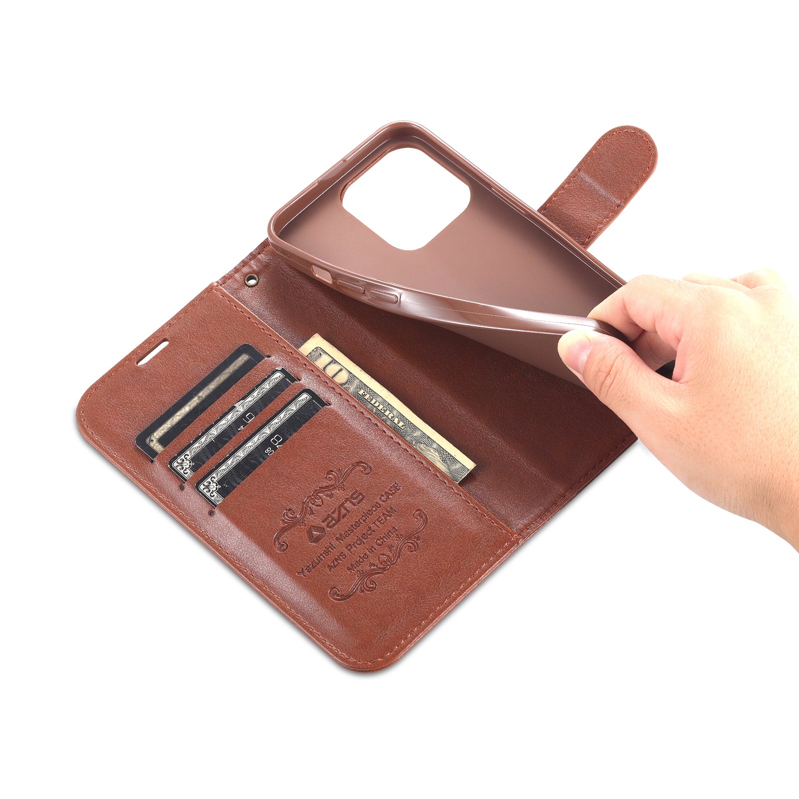 PU Leather Phone Cover for iPhone 15 Pro , Full Protection Phone Case with Stand Wallet - Brown