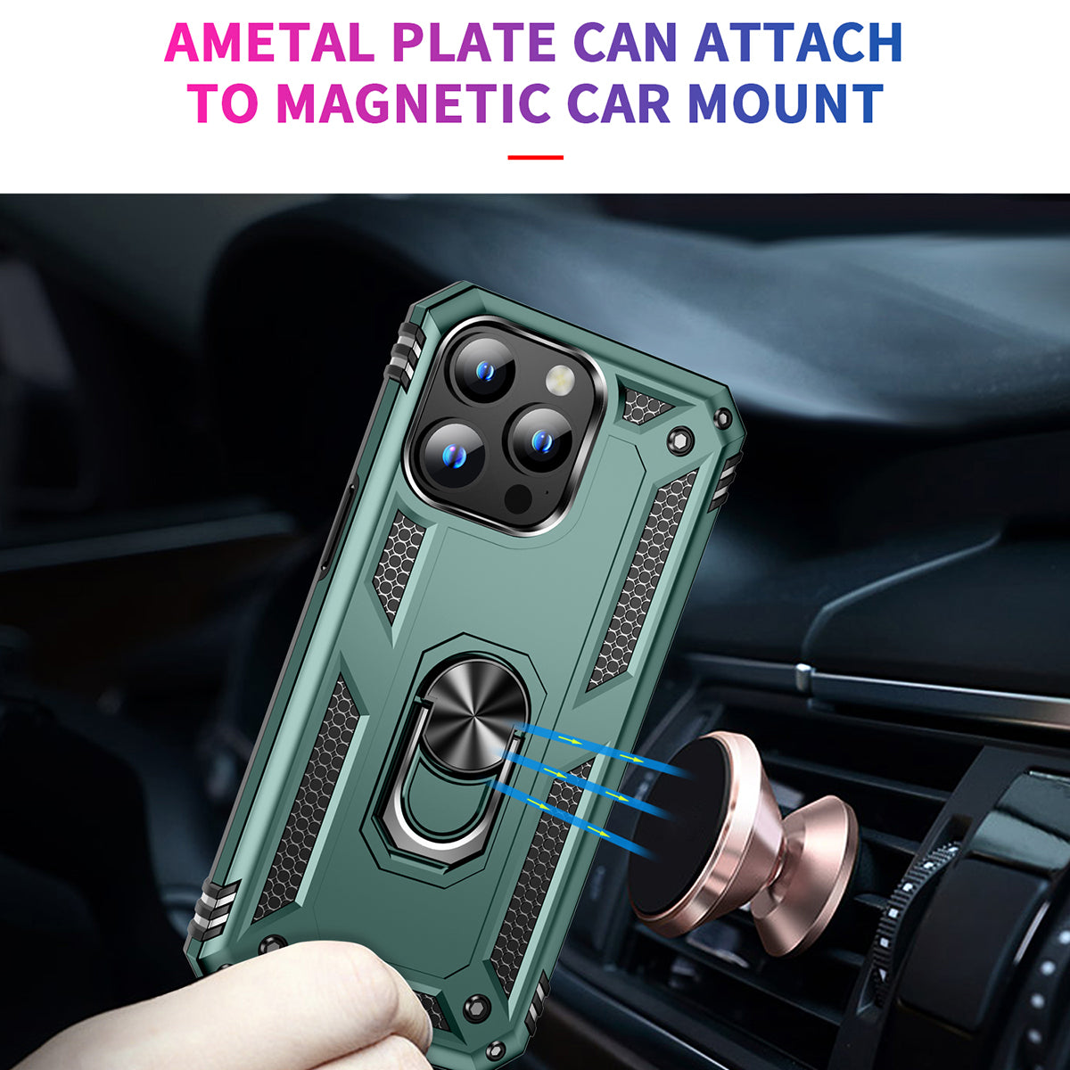 Uniqkart for iPhone 15 Pro Kickstand Phone Case PC+TPU Cover with Built-in Magnetic Holder Metal Sheet - Green