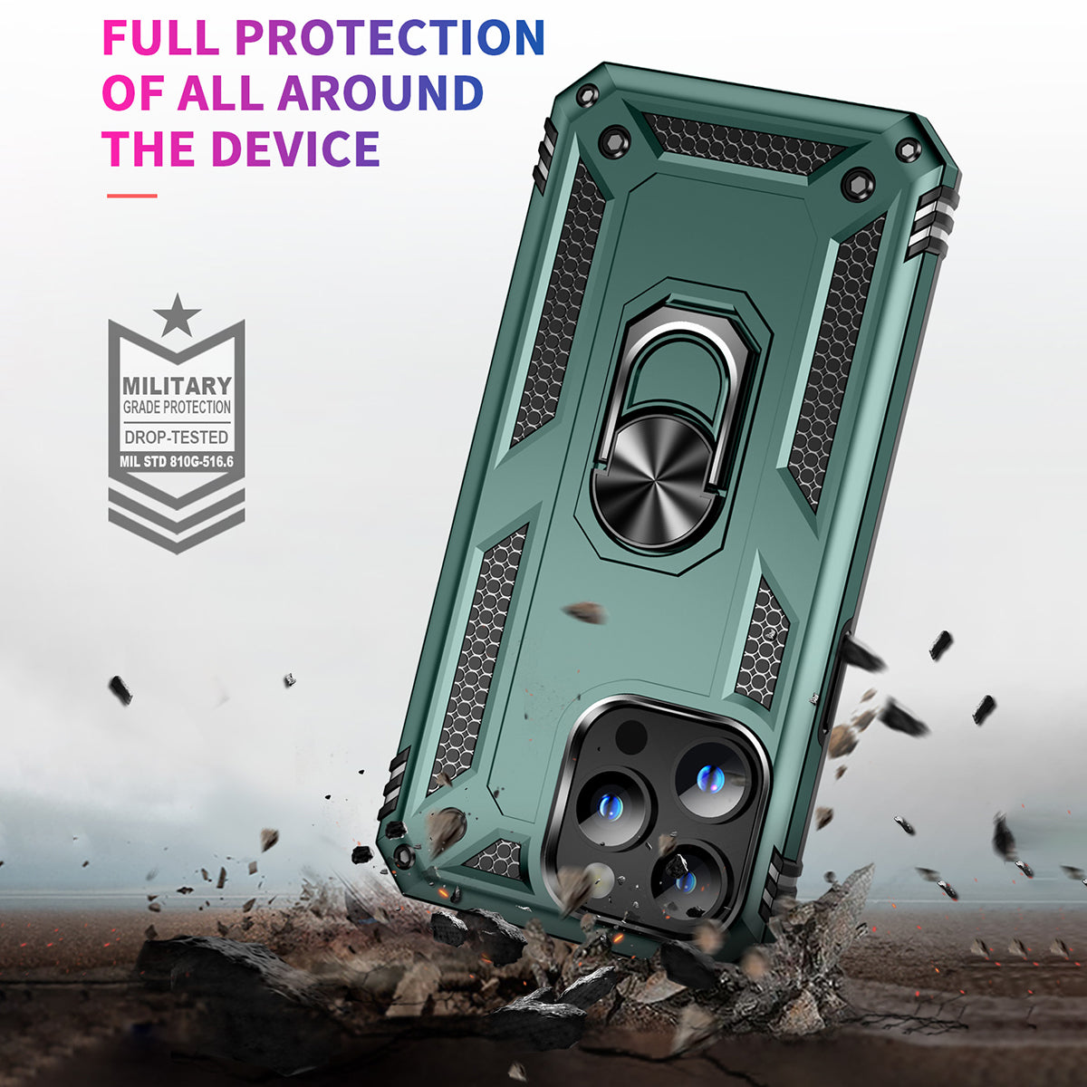 Uniqkart for iPhone 15 Pro Kickstand Phone Case PC+TPU Cover with Built-in Magnetic Holder Metal Sheet - Green