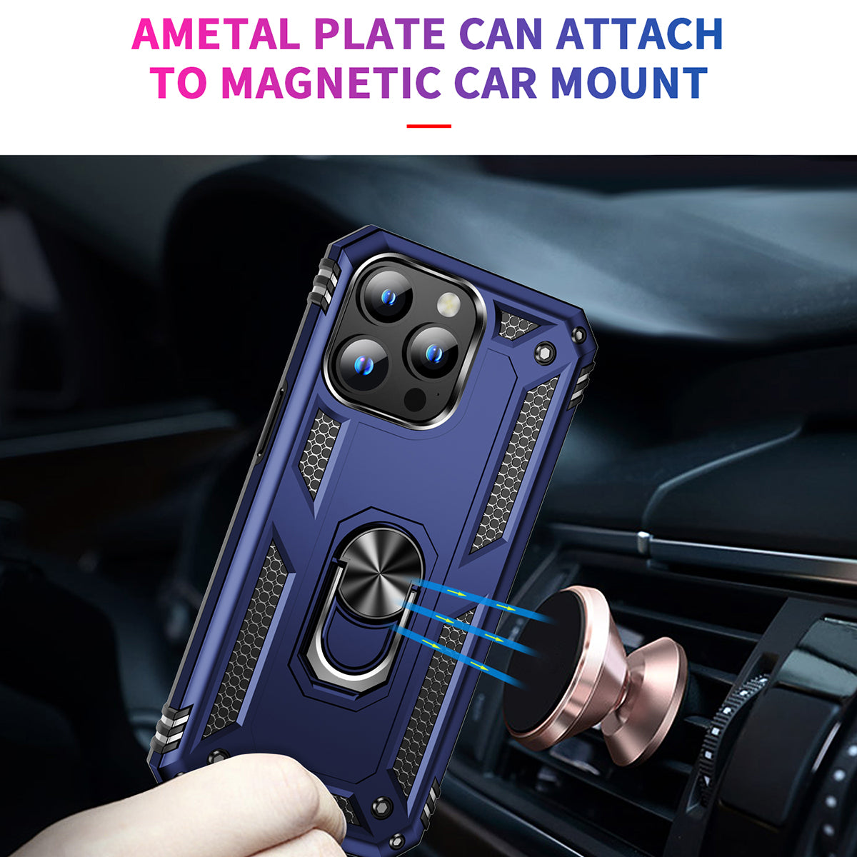 Uniqkart for iPhone 15 Pro Max Phone Case PC+TPU Kickstand Cover with Built-in Magnetic Holder Metal Sheet - Blue