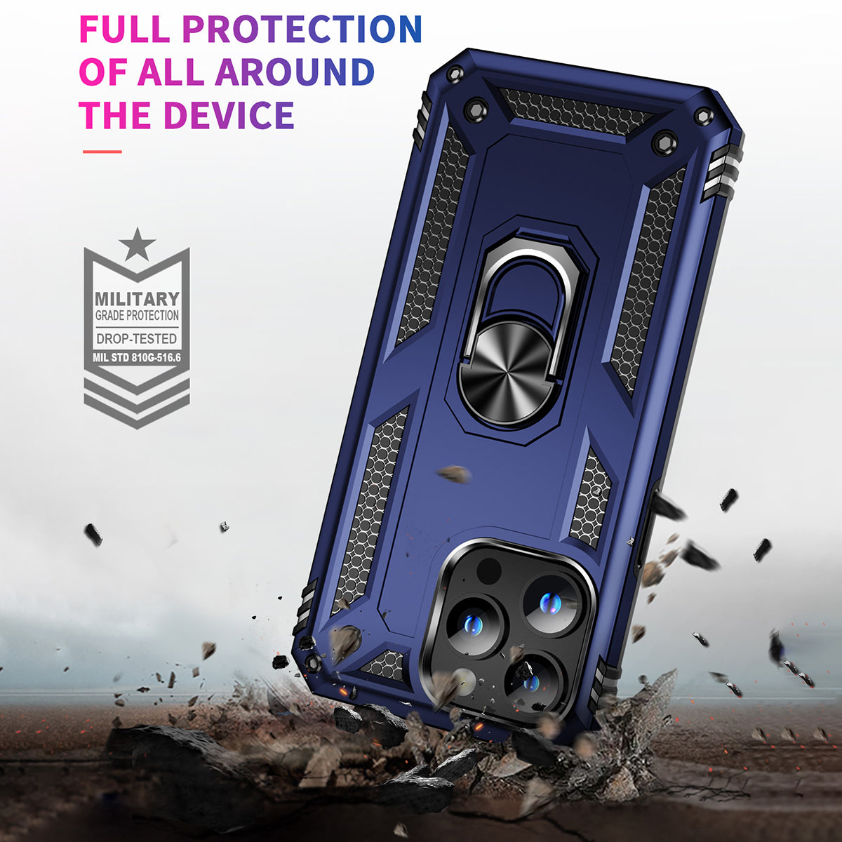 Uniqkart for iPhone 15 Pro Max Phone Case PC+TPU Kickstand Cover with Built-in Magnetic Holder Metal Sheet - Blue