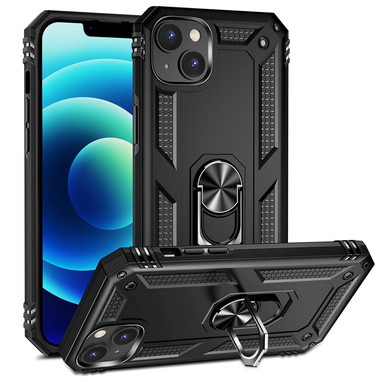 for iPhone 15 Anti-Scratch PC+TPU Cover Kickstand Phone Case with Built-in Magnetic Holder Metal Sheet - Black
