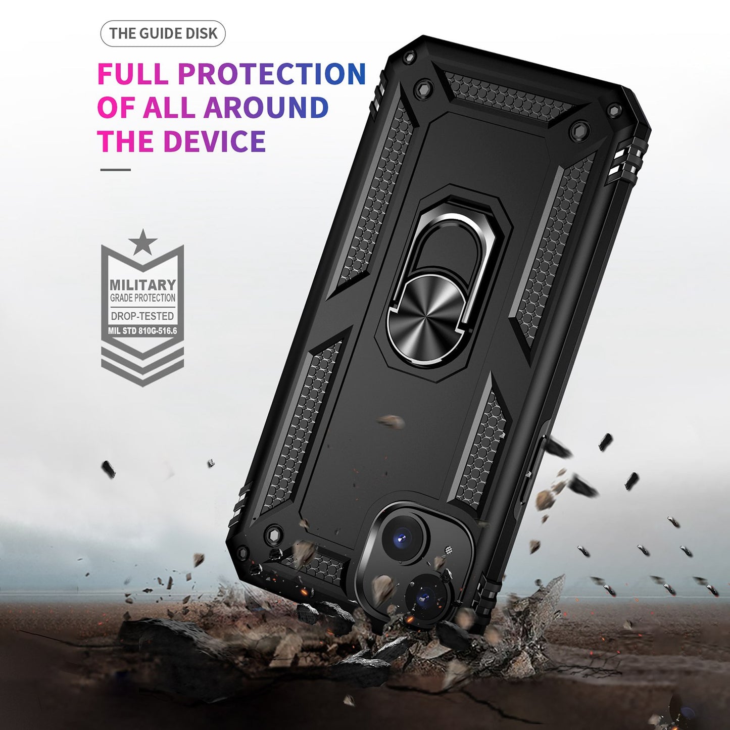 for iPhone 15 Anti-Scratch PC+TPU Cover Kickstand Phone Case with Built-in Magnetic Holder Metal Sheet - Black