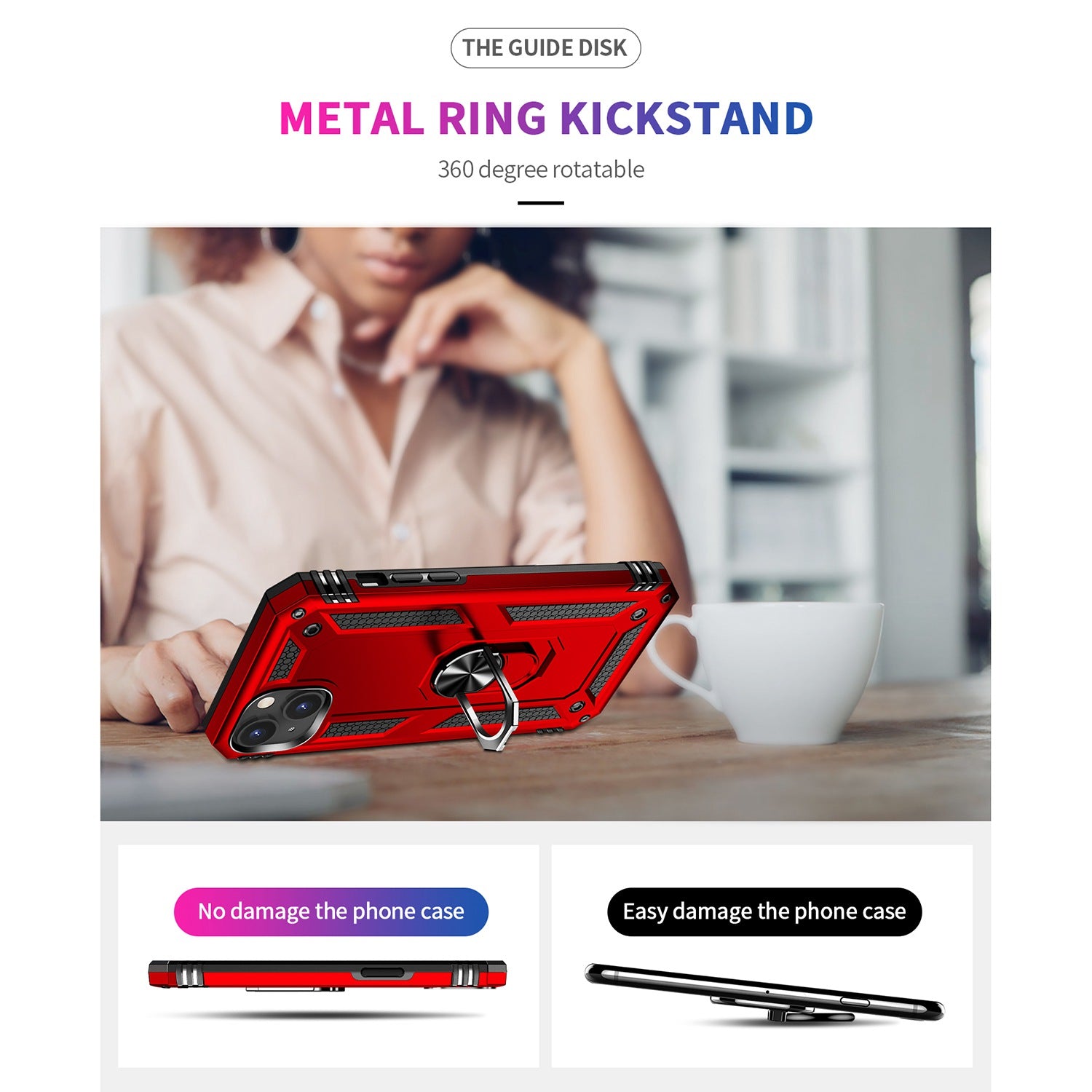 for iPhone 15 Anti-Scratch PC+TPU Cover Kickstand Phone Case with Built-in Magnetic Holder Metal Sheet - Red
