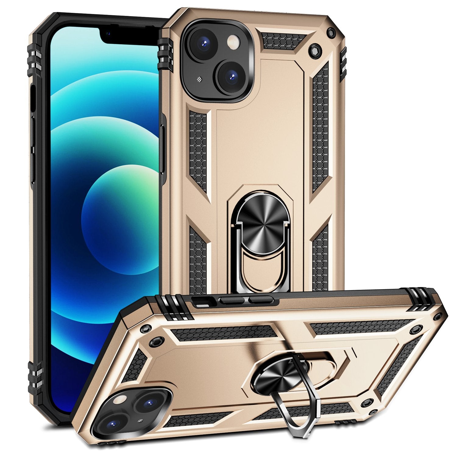 for iPhone 15 Anti-Scratch PC+TPU Cover Kickstand Phone Case with Built-in Magnetic Holder Metal Sheet - Gold