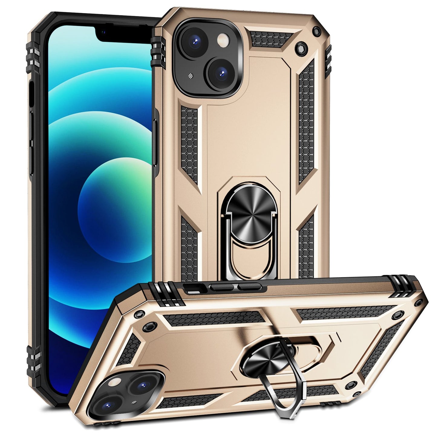 for iPhone 15 Anti-Scratch PC+TPU Cover Kickstand Phone Case with Built-in Magnetic Holder Metal Sheet - Gold