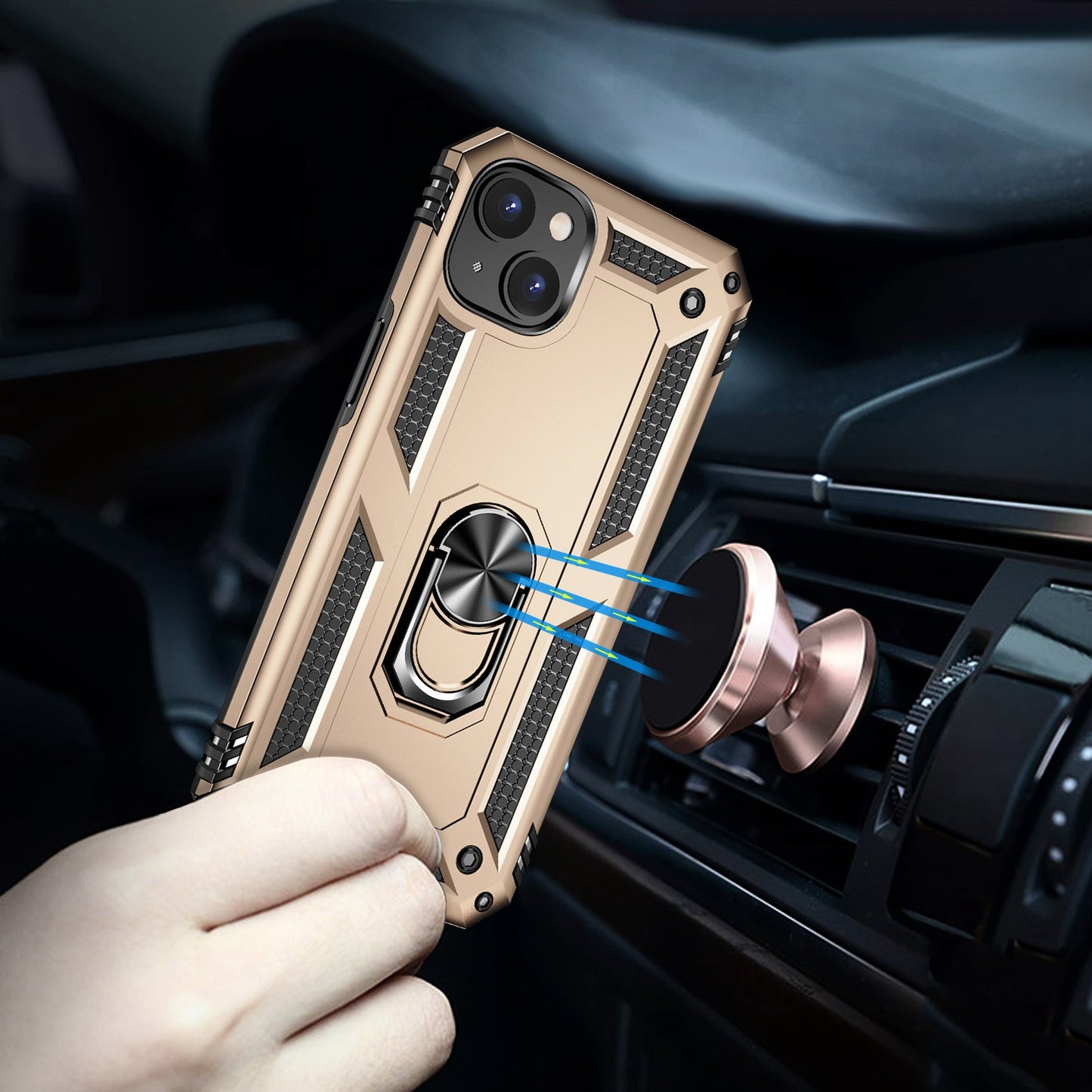 for iPhone 15 Anti-Scratch PC+TPU Cover Kickstand Phone Case with Built-in Magnetic Holder Metal Sheet - Gold