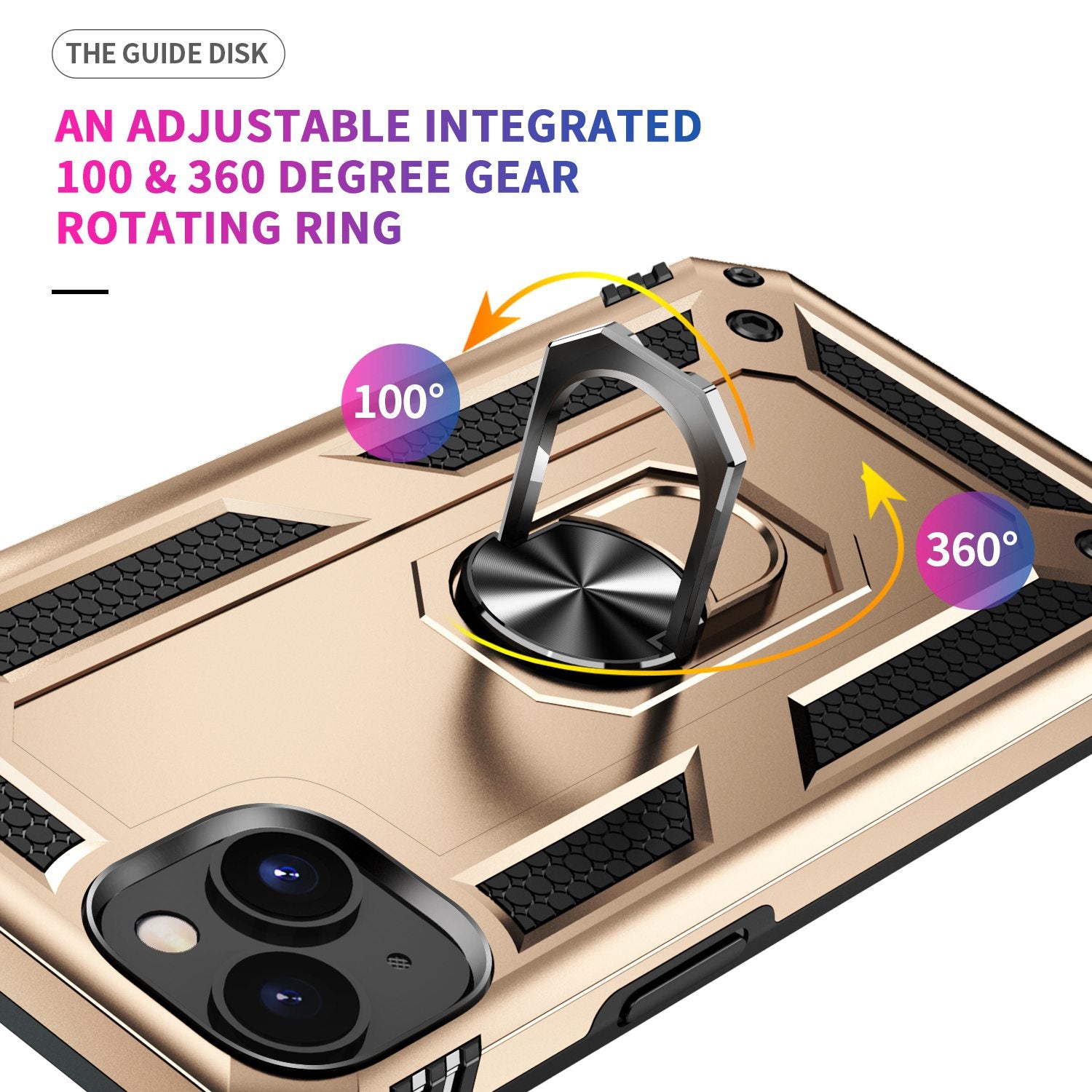 for iPhone 15 Anti-Scratch PC+TPU Cover Kickstand Phone Case with Built-in Magnetic Holder Metal Sheet - Gold