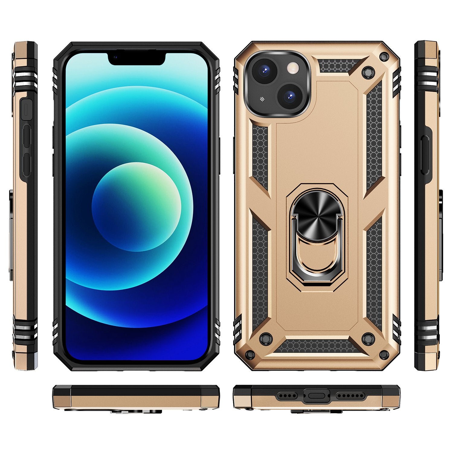 for iPhone 15 Anti-Scratch PC+TPU Cover Kickstand Phone Case with Built-in Magnetic Holder Metal Sheet - Gold