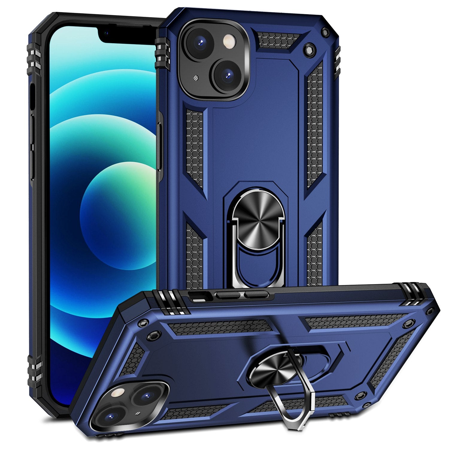 for iPhone 15 Anti-Scratch PC+TPU Cover Kickstand Phone Case with Built-in Magnetic Holder Metal Sheet - Blue