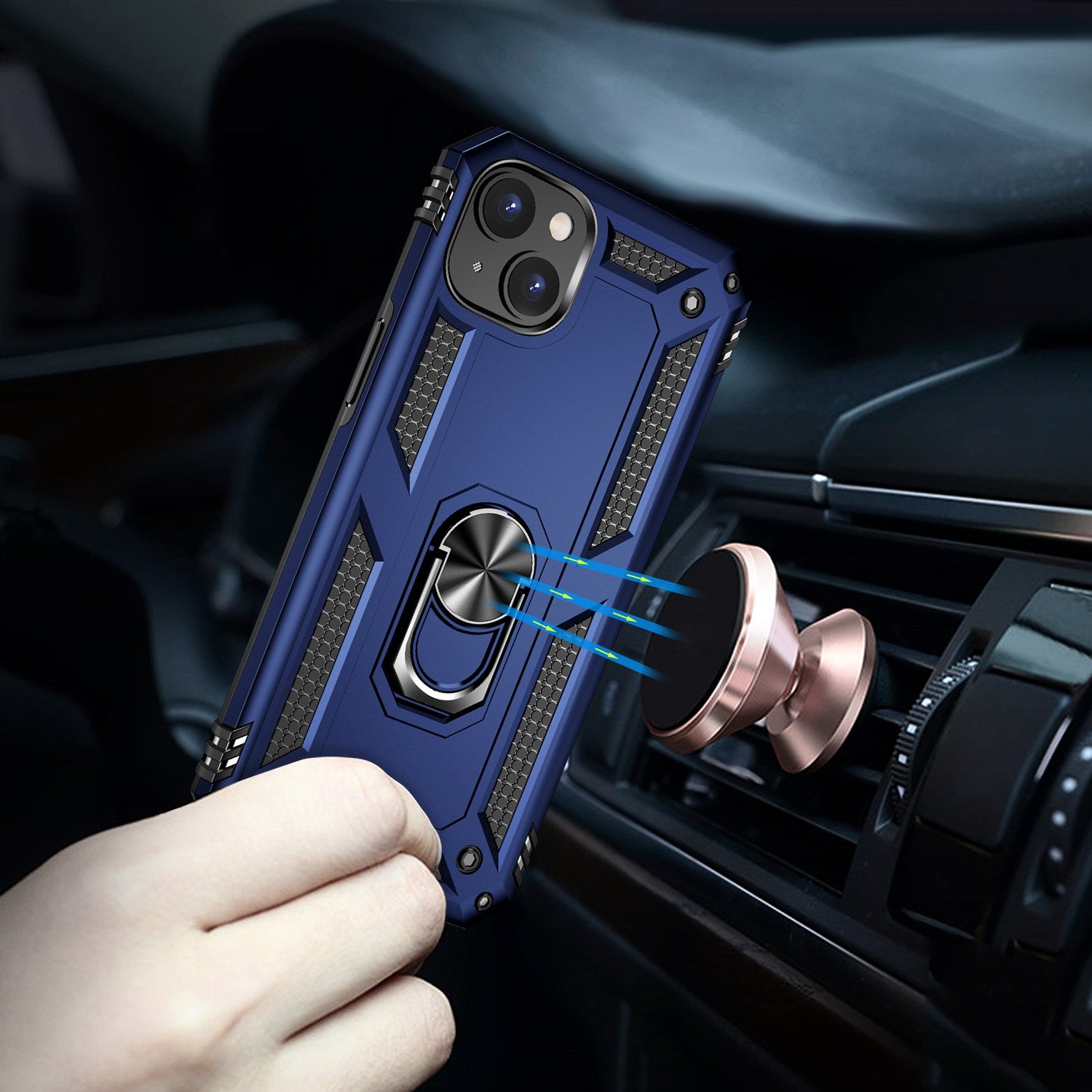 for iPhone 15 Anti-Scratch PC+TPU Cover Kickstand Phone Case with Built-in Magnetic Holder Metal Sheet - Blue