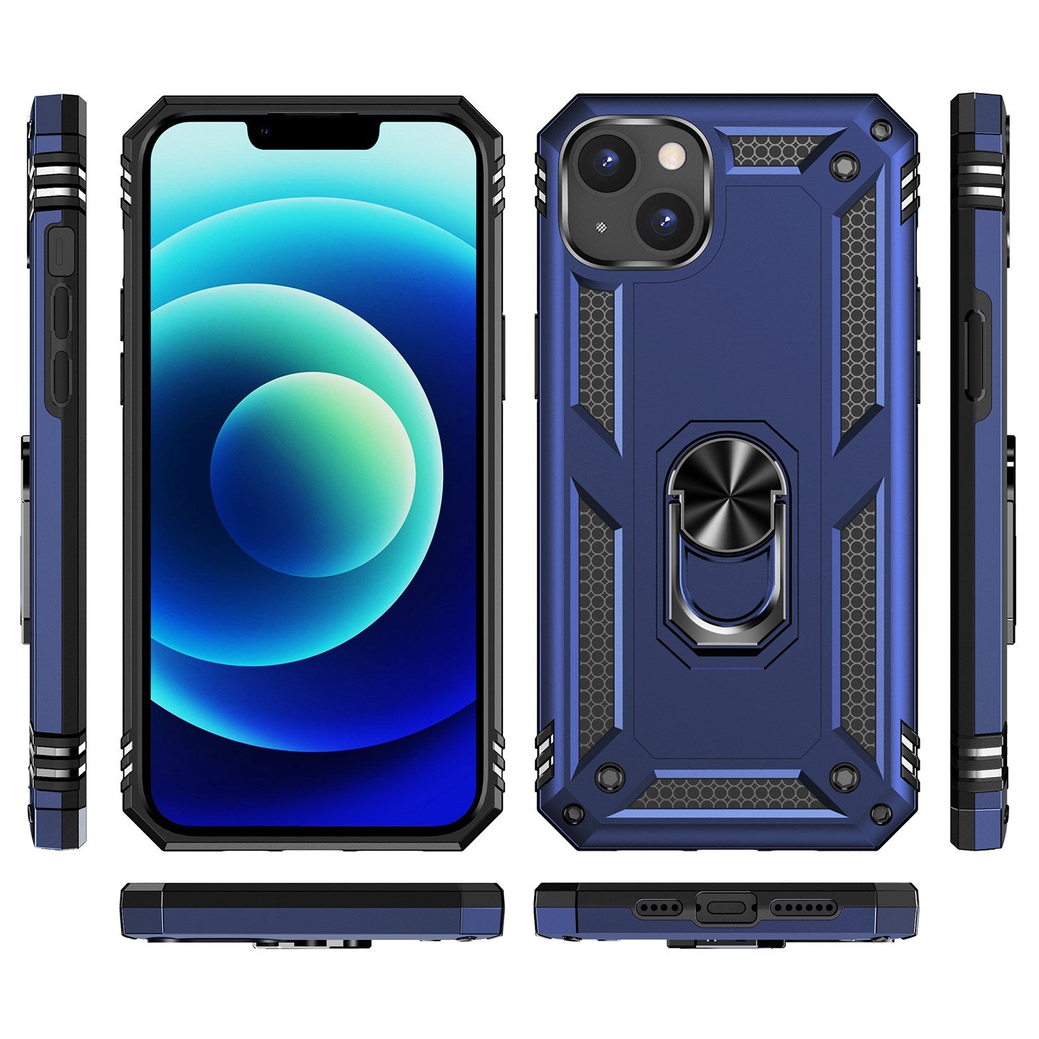 for iPhone 15 Anti-Scratch PC+TPU Cover Kickstand Phone Case with Built-in Magnetic Holder Metal Sheet - Blue