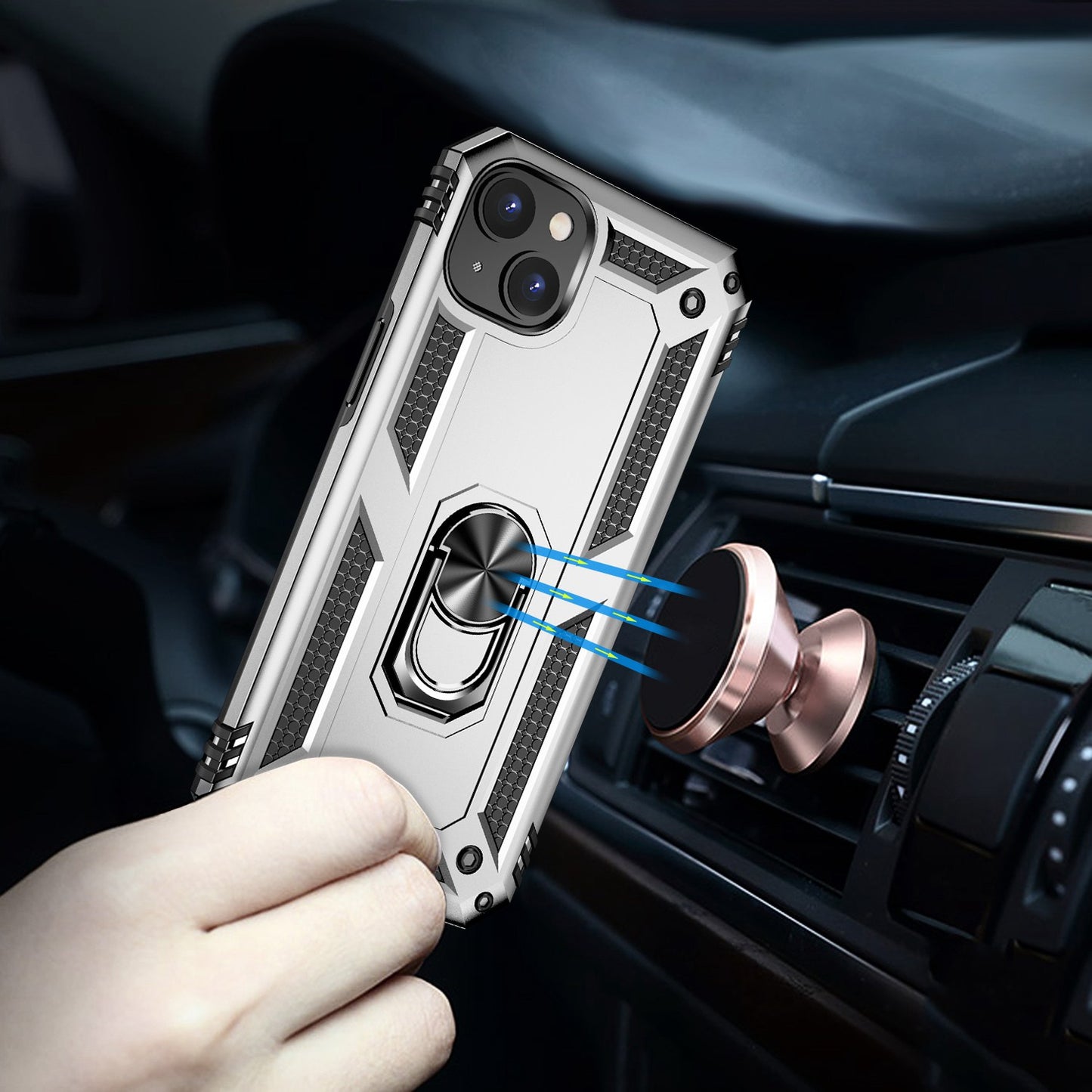 for iPhone 15 Anti-Scratch PC+TPU Cover Kickstand Phone Case with Built-in Magnetic Holder Metal Sheet - Silver