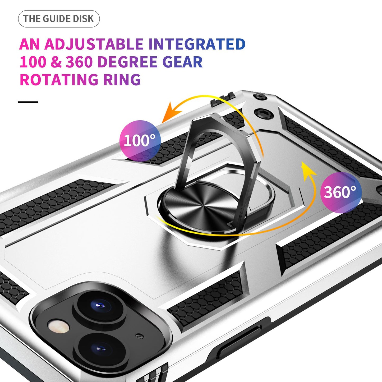 for iPhone 15 Anti-Scratch PC+TPU Cover Kickstand Phone Case with Built-in Magnetic Holder Metal Sheet - Silver