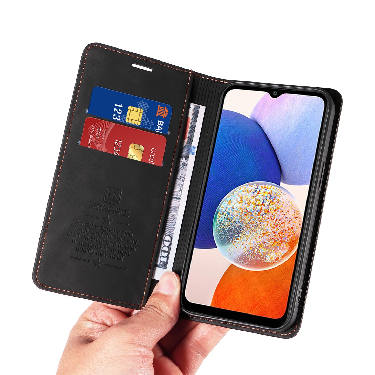 Uniqkart 003 For Samsung Galaxy A14 4G / 5G Phone Stand Cover Shockproof Wallet RFID Blocking PU Leather Case - Black