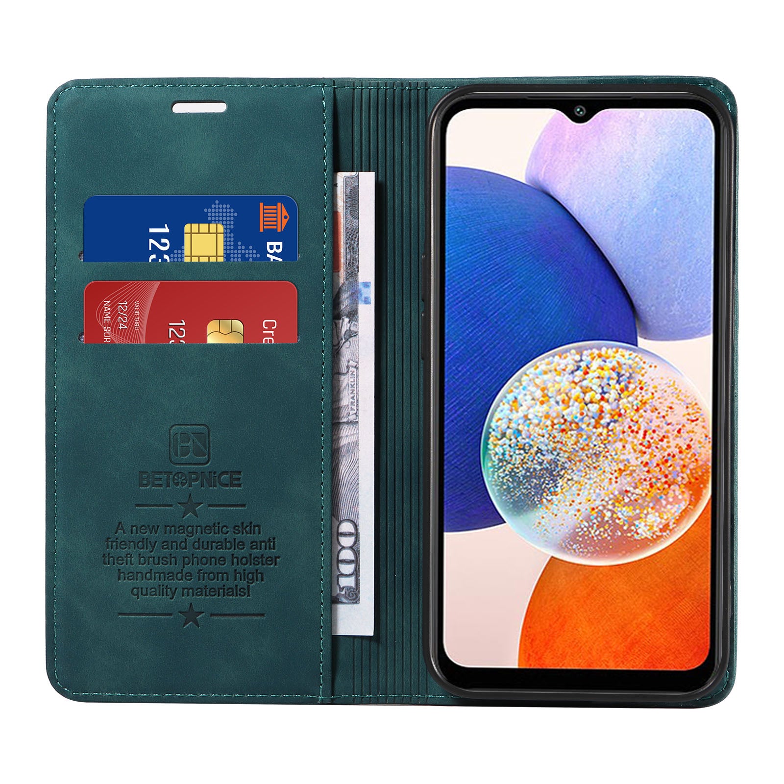 Uniqkart 003 For Samsung Galaxy A14 4G / 5G Phone Stand Cover Shockproof Wallet RFID Blocking PU Leather Case - Green