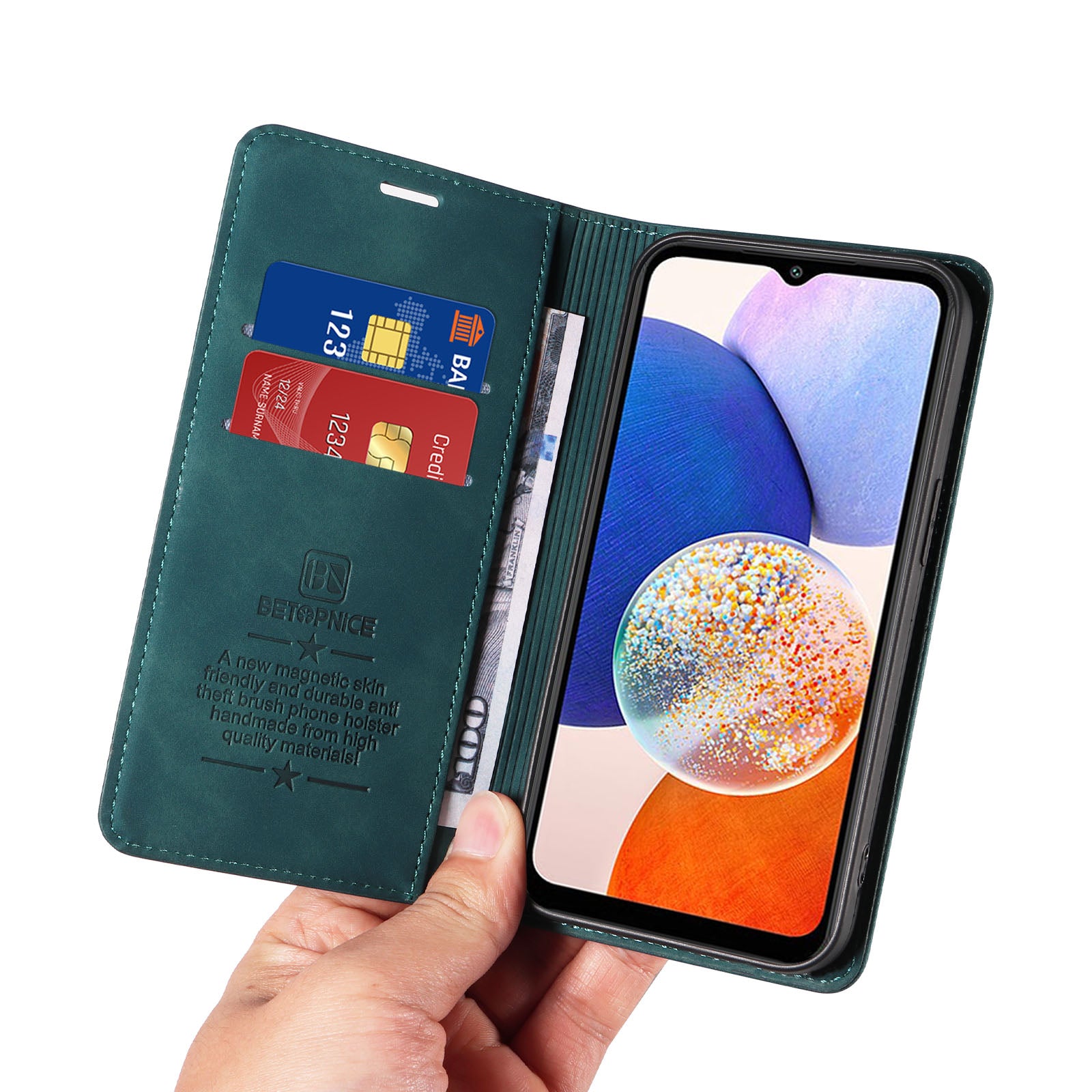 Uniqkart 003 For Samsung Galaxy A14 4G / 5G Phone Stand Cover Shockproof Wallet RFID Blocking PU Leather Case - Green