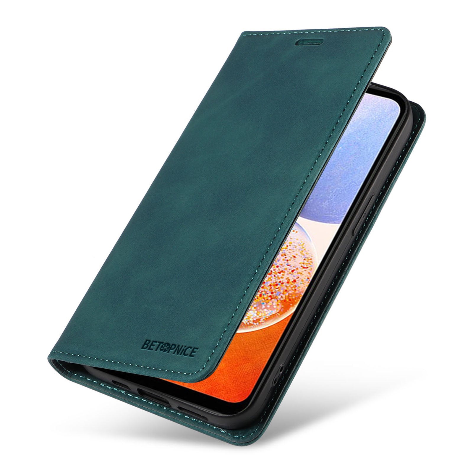 Uniqkart 003 For Samsung Galaxy A14 4G / 5G Phone Stand Cover Shockproof Wallet RFID Blocking PU Leather Case - Green