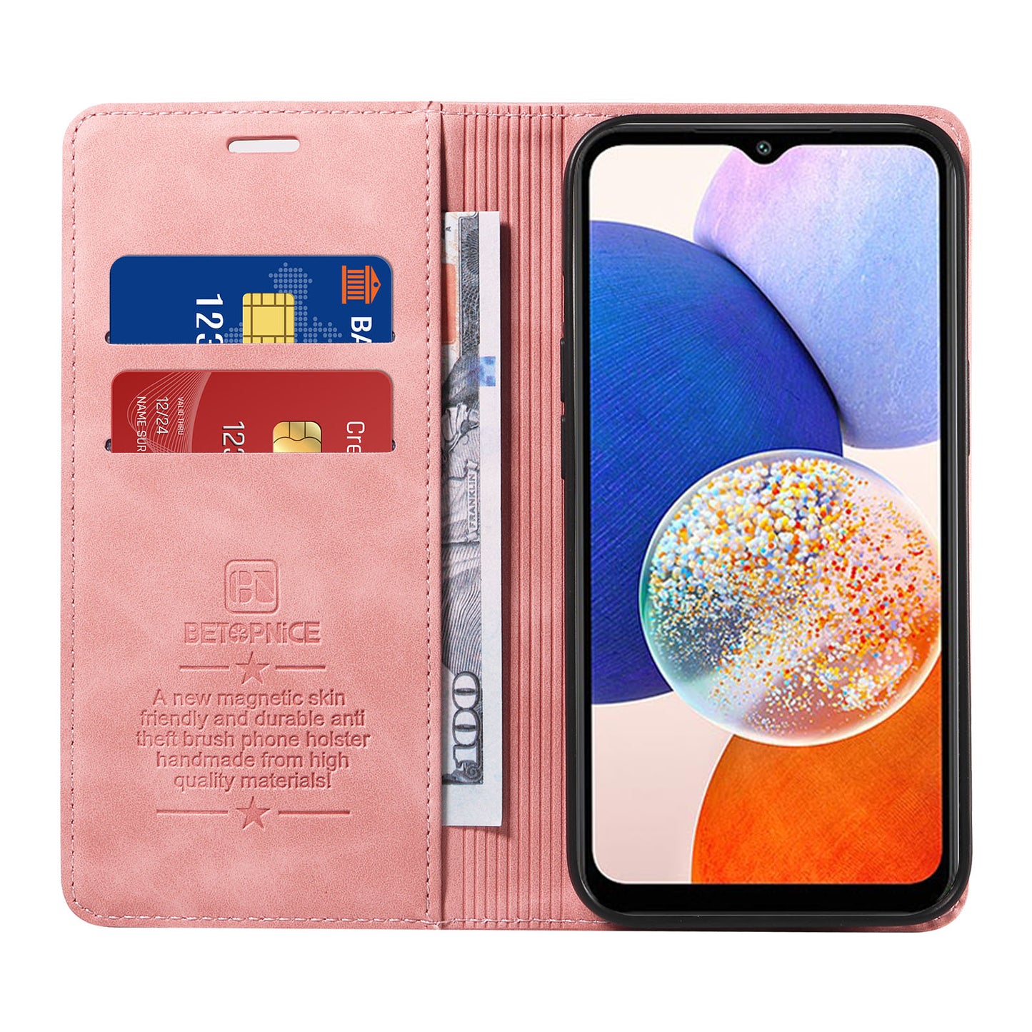 Uniqkart 003 For Samsung Galaxy A14 4G / 5G Phone Stand Cover Shockproof Wallet RFID Blocking PU Leather Case - Pink