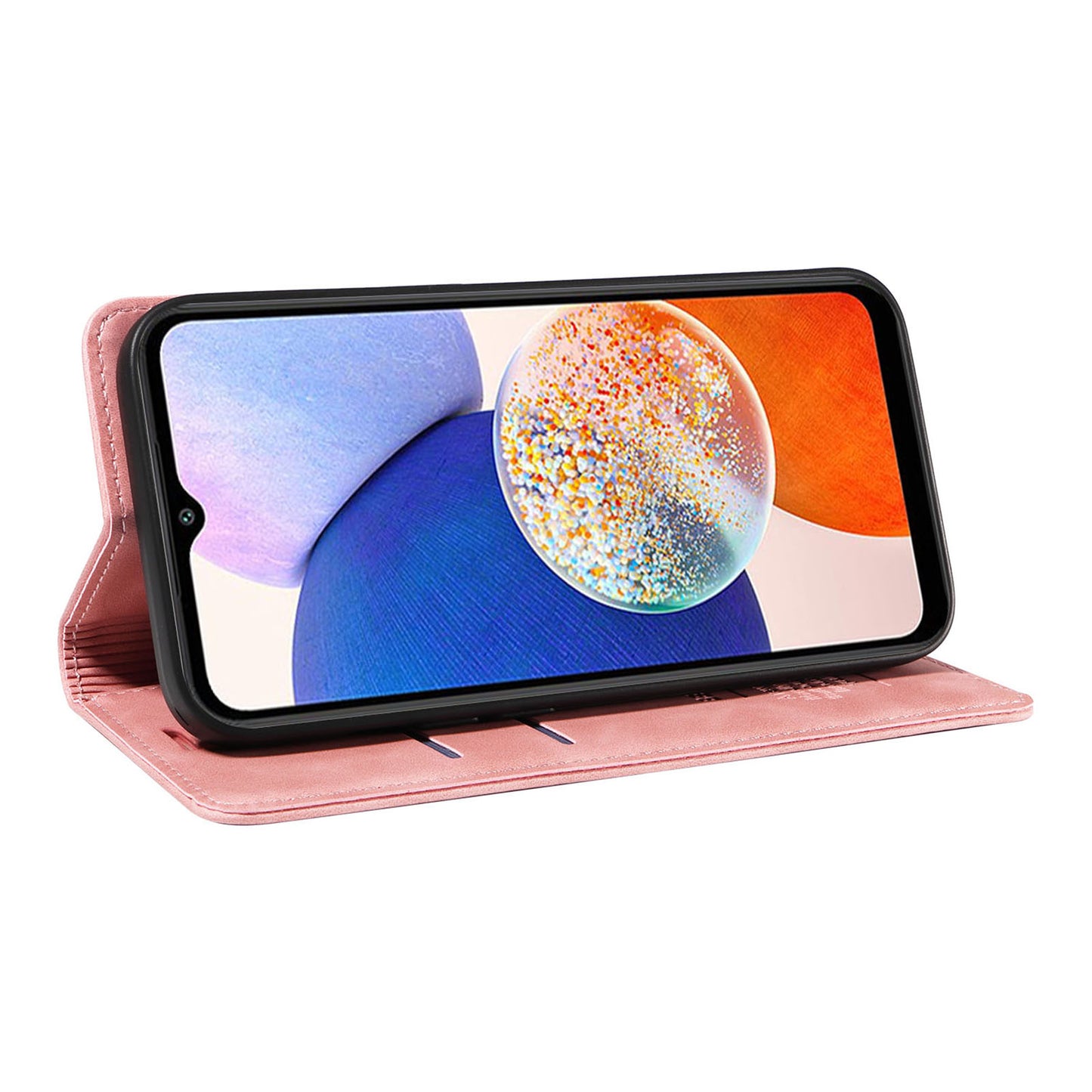 Uniqkart 003 For Samsung Galaxy A14 4G / 5G Phone Stand Cover Shockproof Wallet RFID Blocking PU Leather Case - Pink