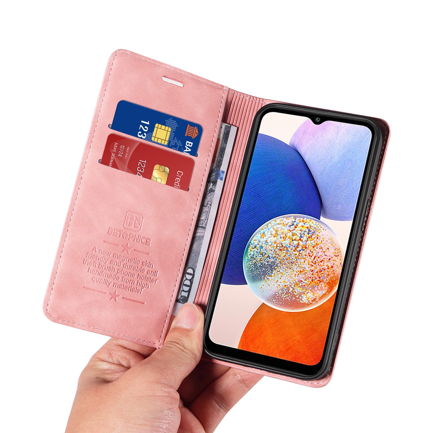 Uniqkart 003 For Samsung Galaxy A14 4G / 5G Phone Stand Cover Shockproof Wallet RFID Blocking PU Leather Case - Pink
