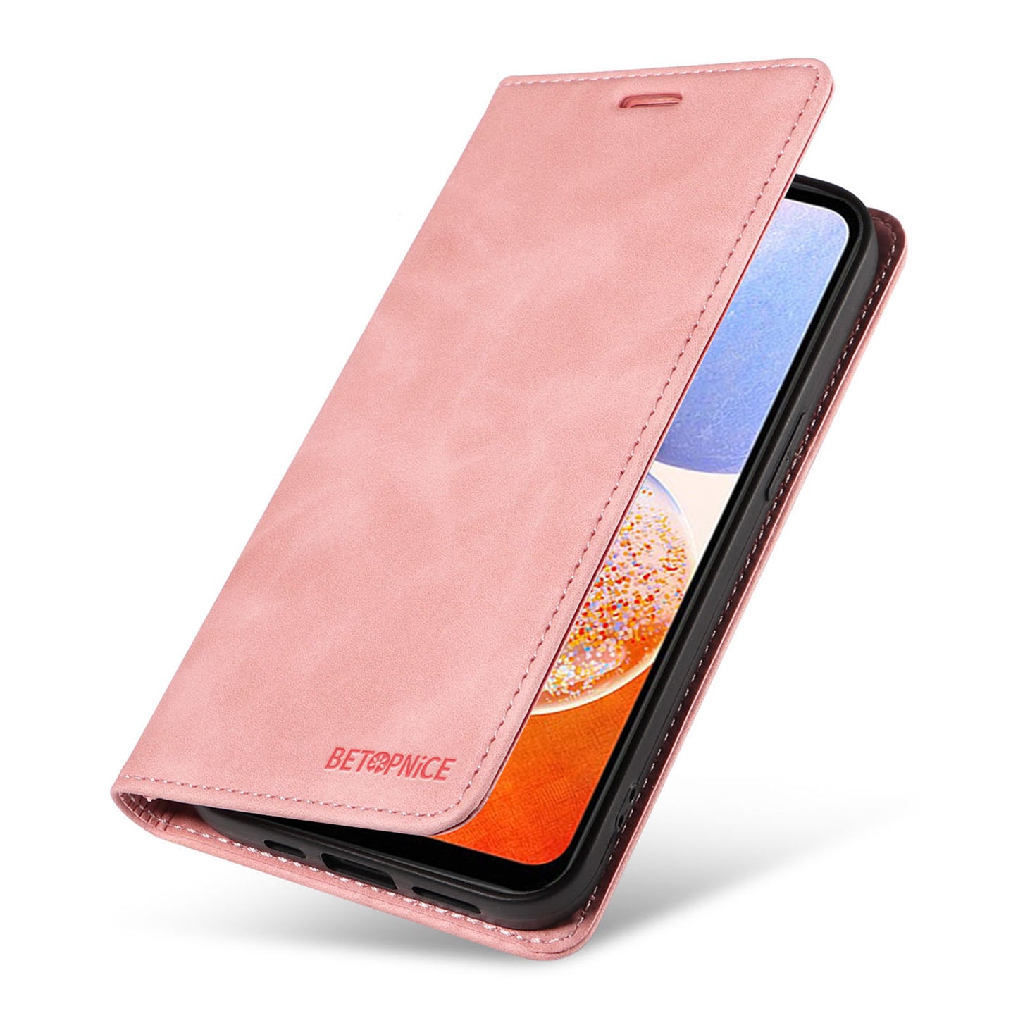 Uniqkart 003 For Samsung Galaxy A14 4G / 5G Phone Stand Cover Shockproof Wallet RFID Blocking PU Leather Case - Pink